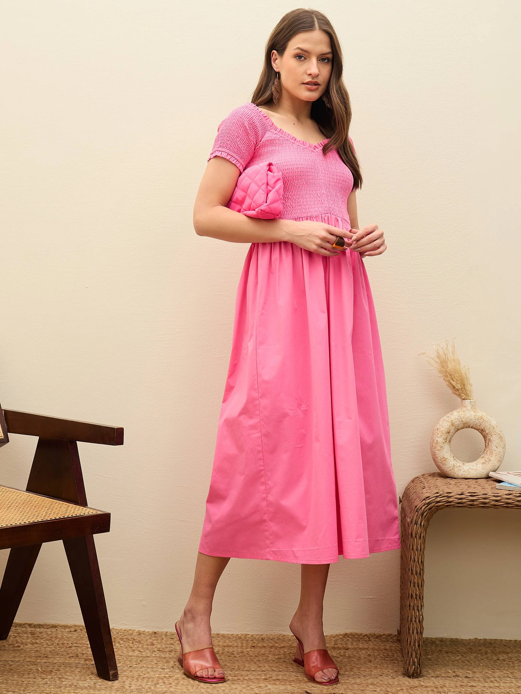 Women Pink Poplin Smocked Midi Dress - Image 6
