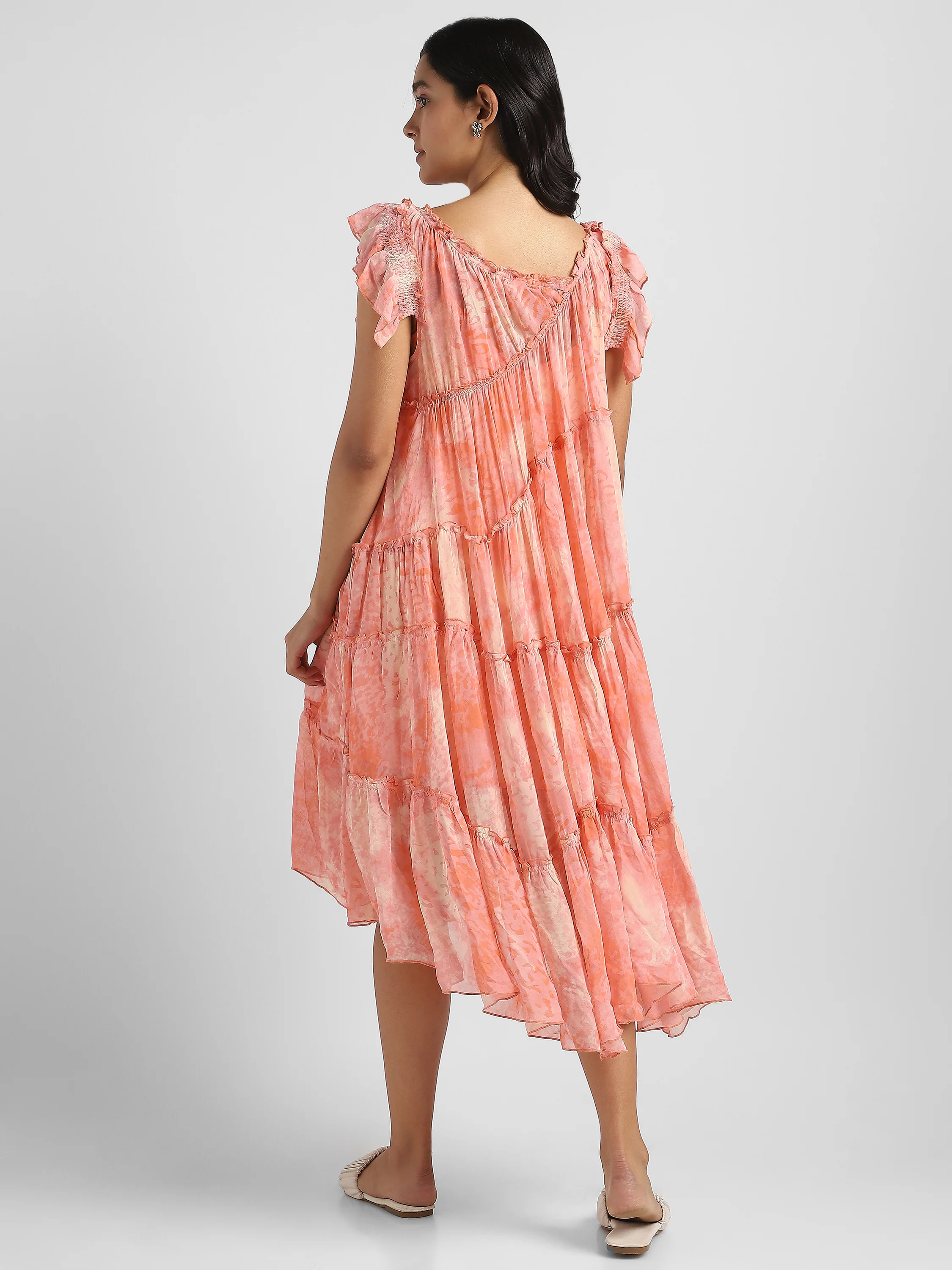 Women Pink Printed high low frilled dress - Image 2