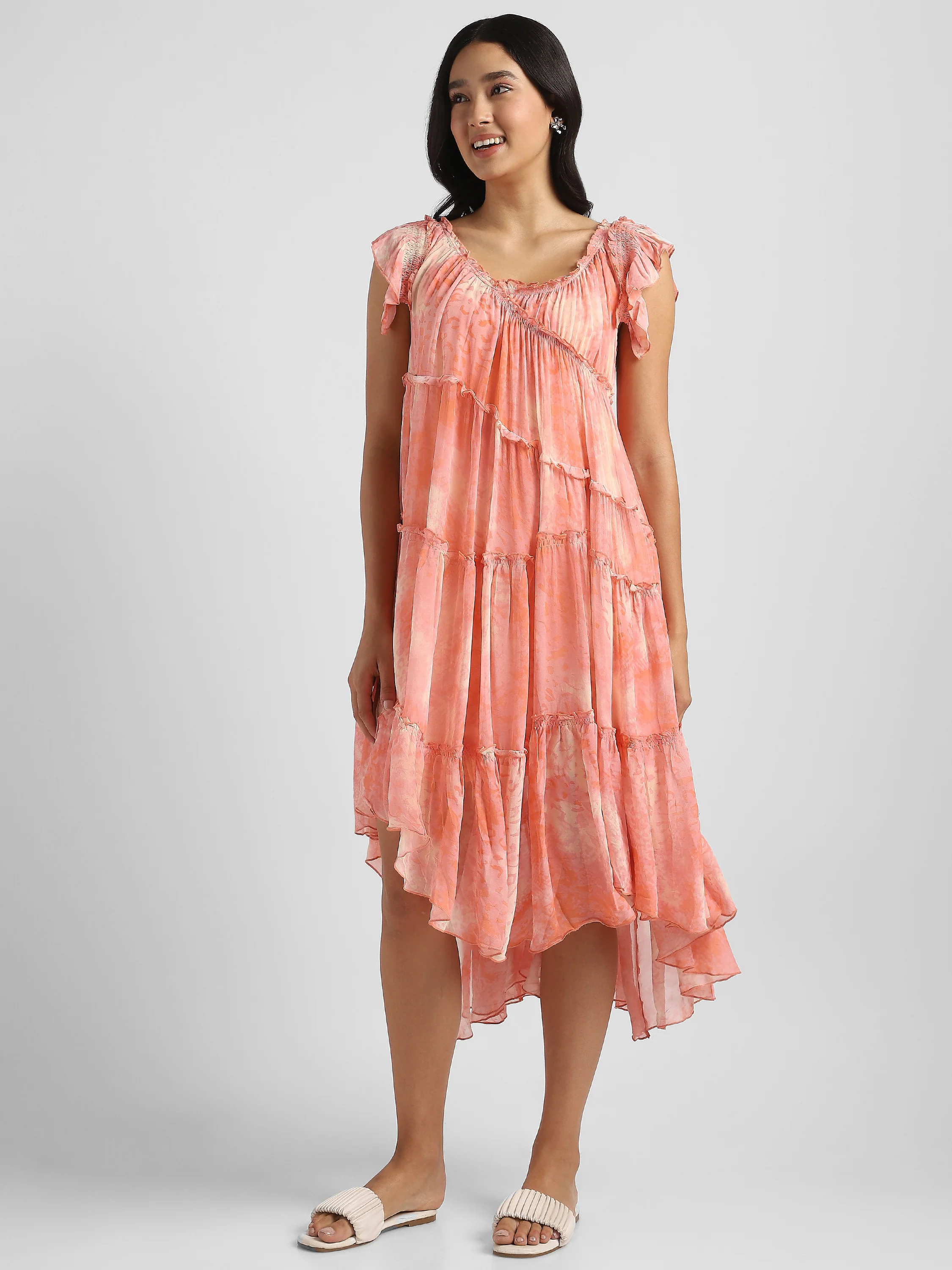 Women Pink Printed high low frilled dress - Image 4