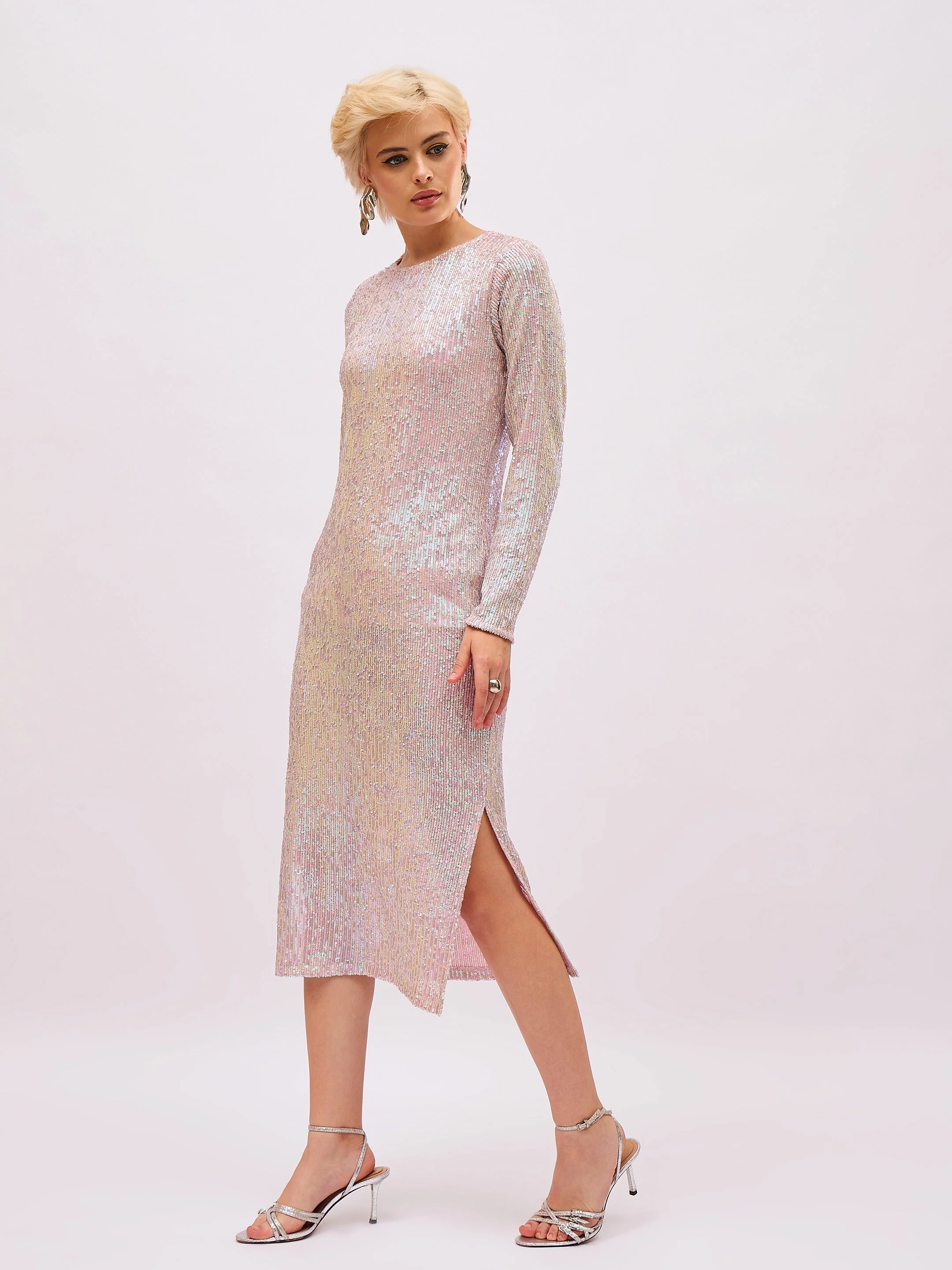 Women Pink Rainbow Sequin Round Neck Side Slit Midi Dress - Image 3