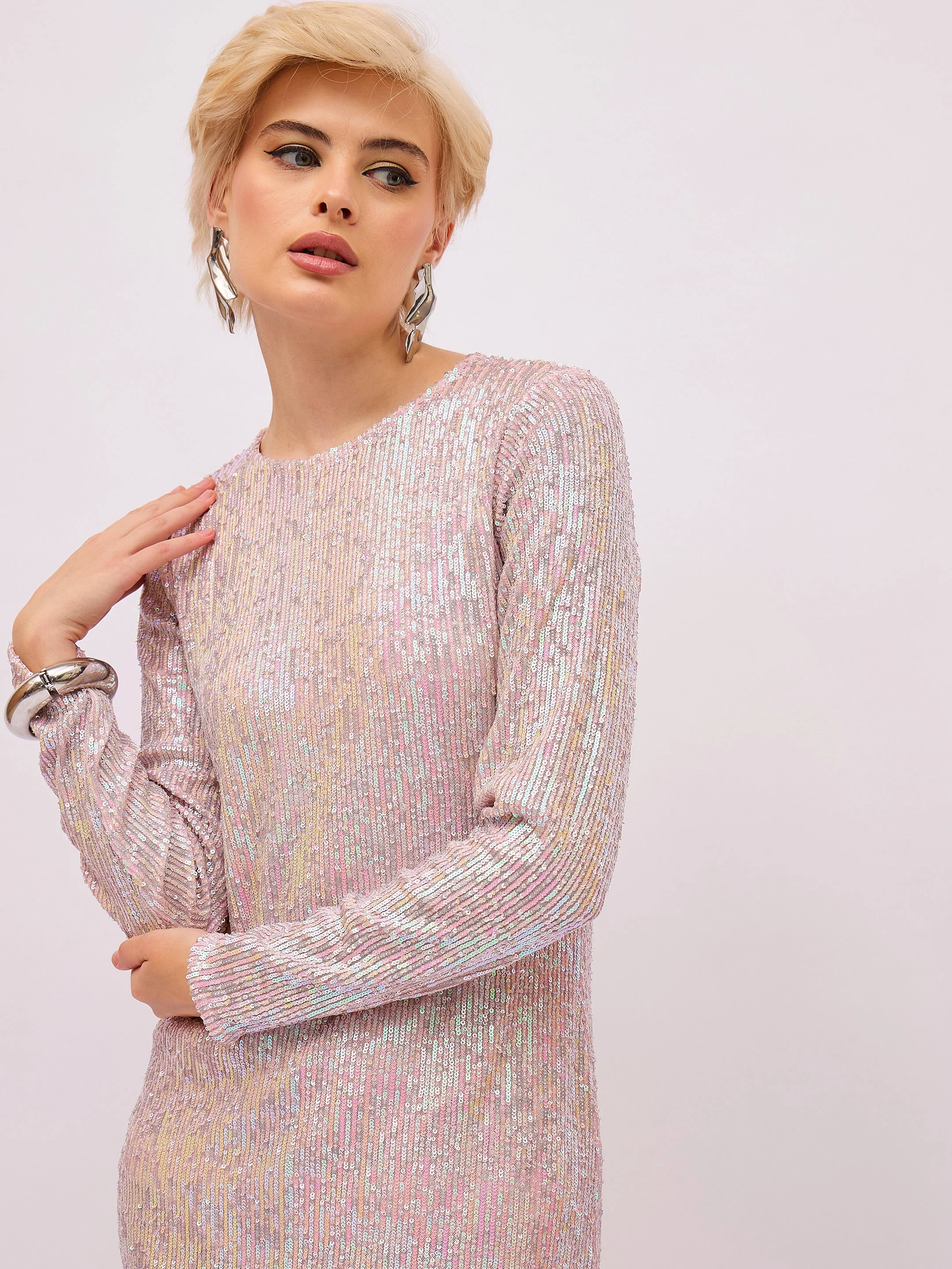 Women Pink Rainbow Sequin Round Neck Side Slit Midi Dress - Image 4