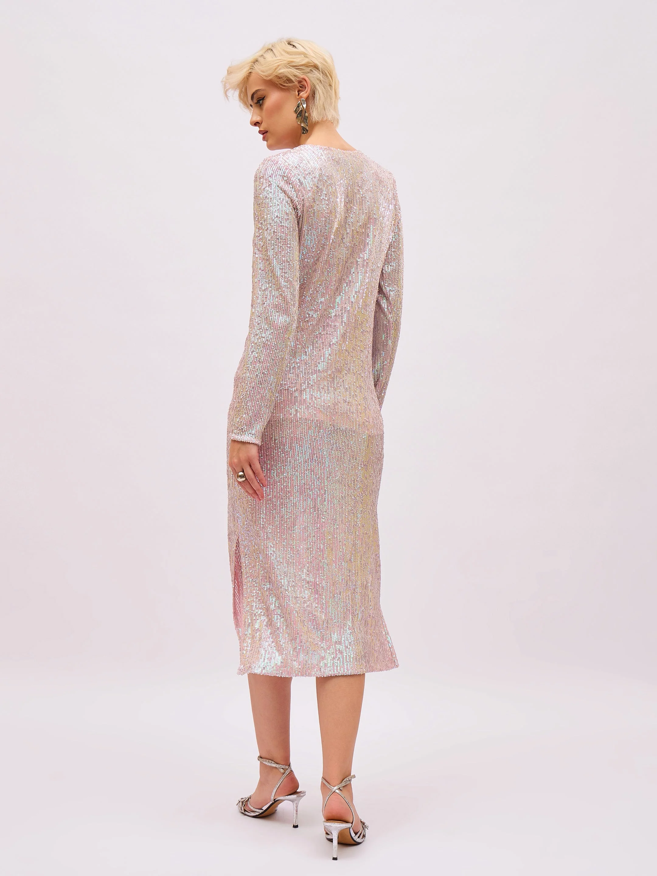 Women Pink Rainbow Sequin Round Neck Side Slit Midi Dress - Image 5