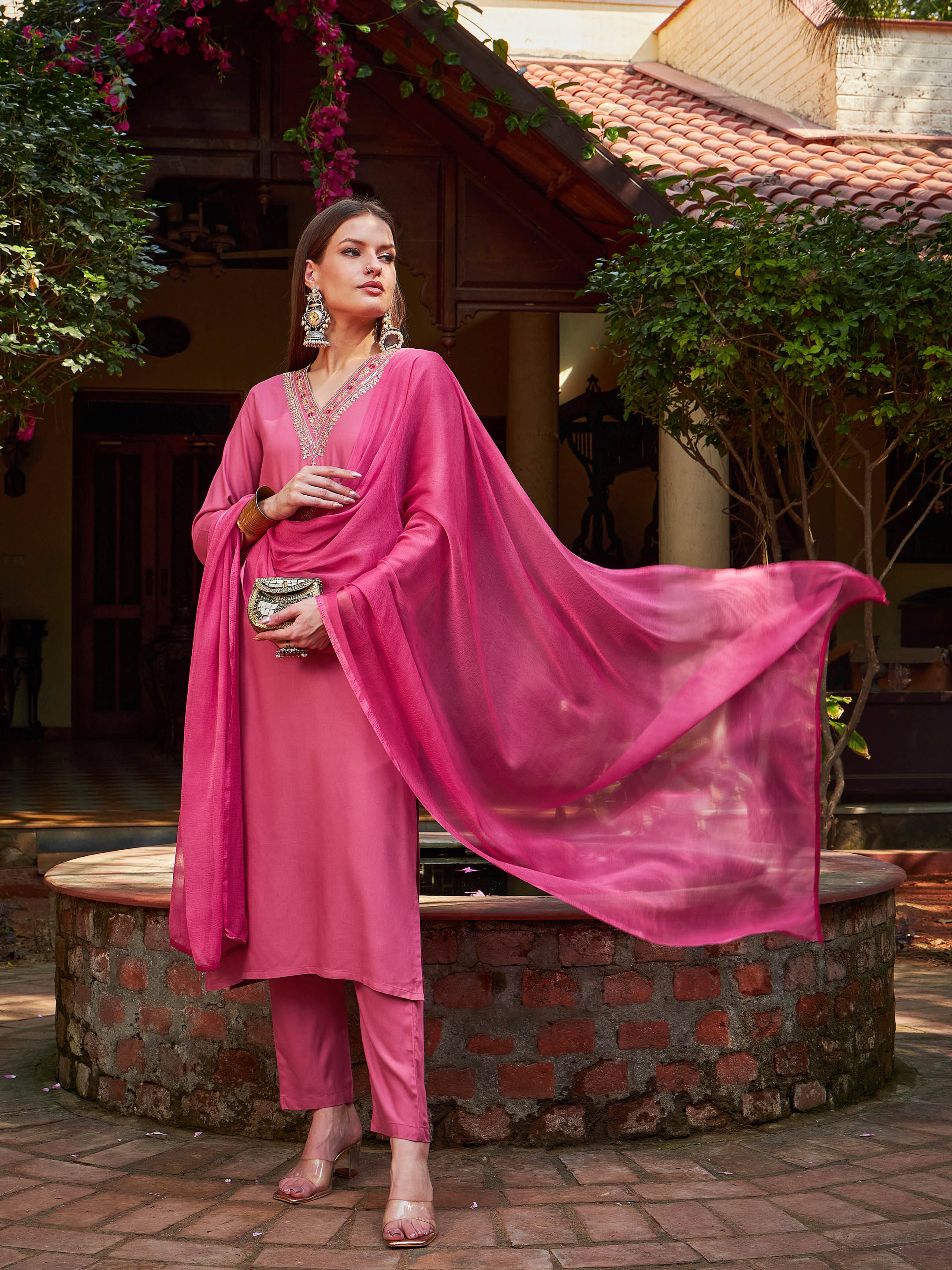 Women Pink Rayon Embroidered Kurta With Pencil Pants & Dupatta - Image 2