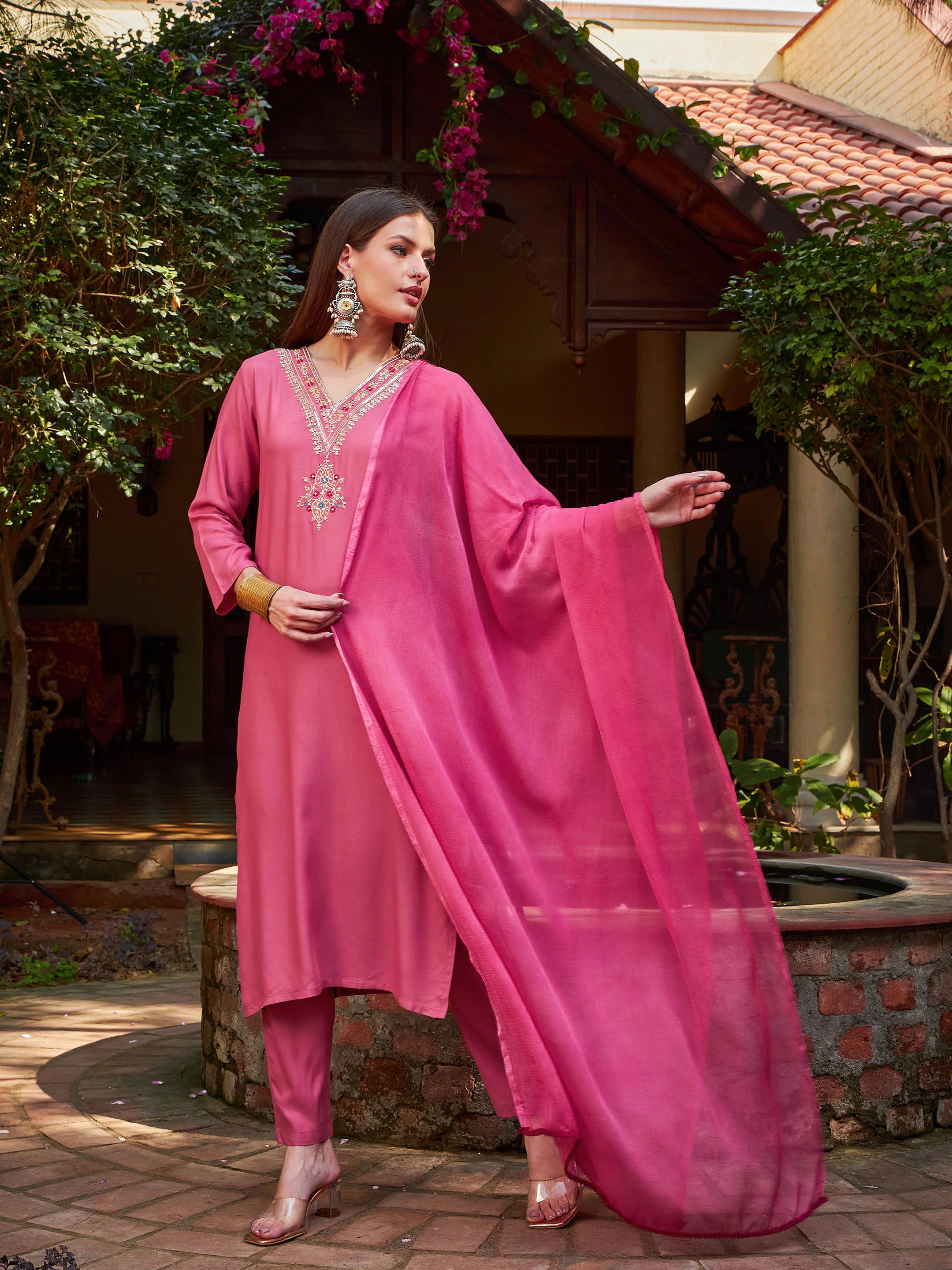 Women Pink Rayon Embroidered Kurta With Pencil Pants & Dupatta - Image 3