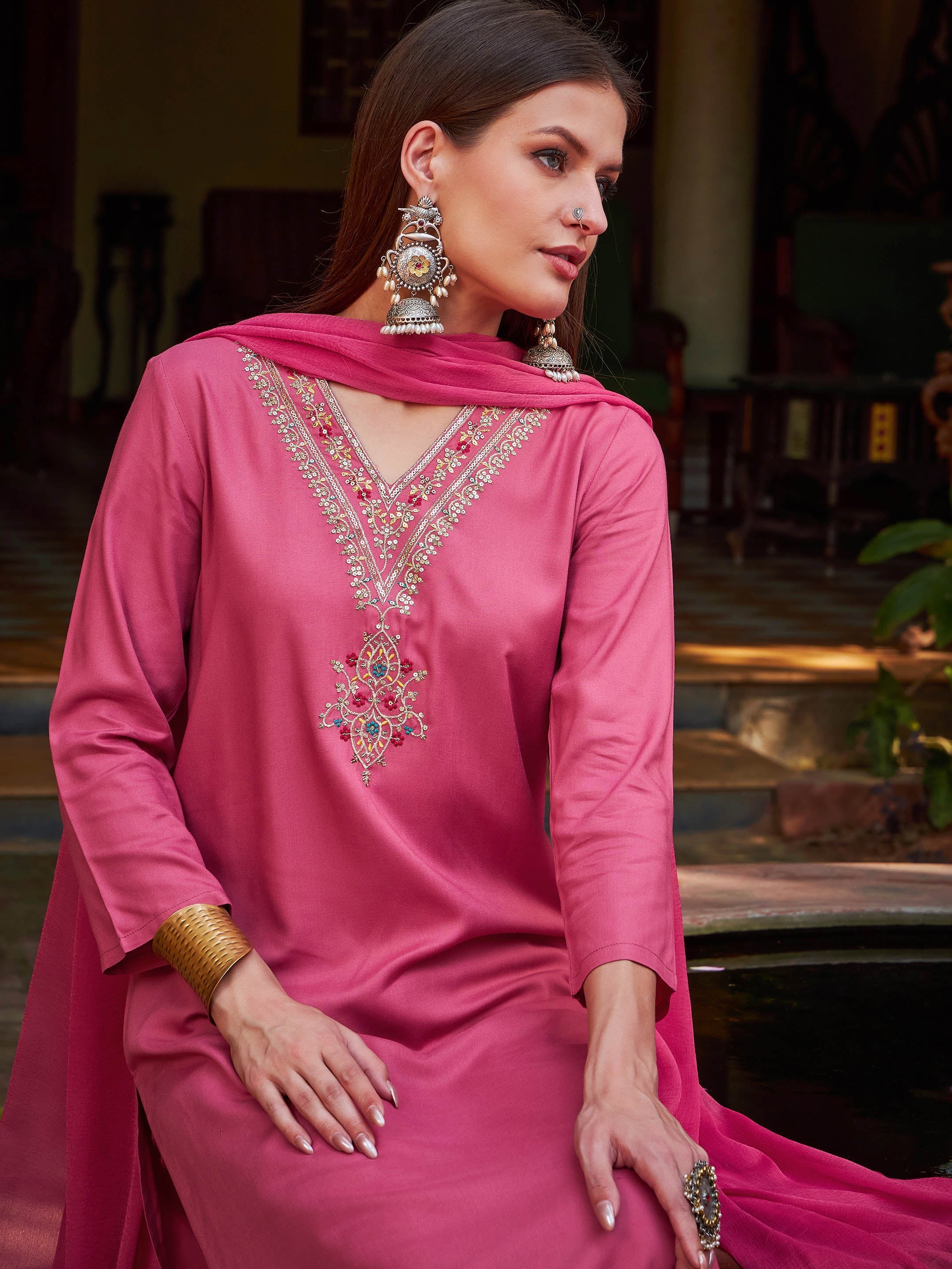 Women Pink Rayon Embroidered Kurta With Pencil Pants & Dupatta - Image 4