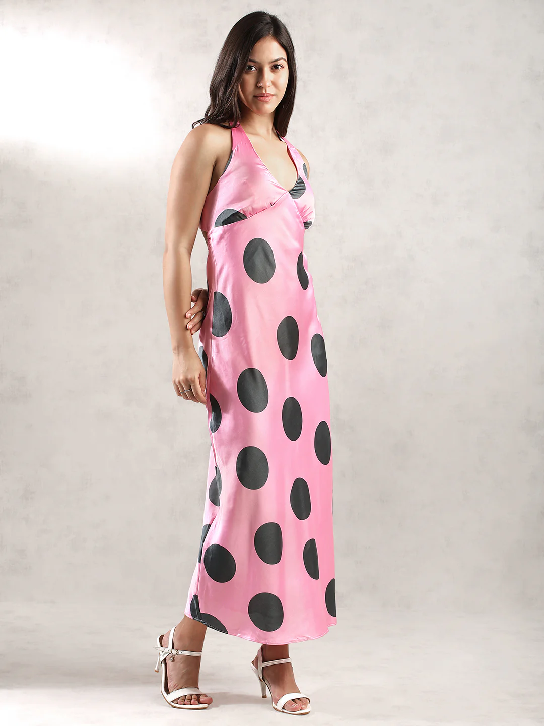 Women Pink Polka Dot Maxi Dress - Image 3