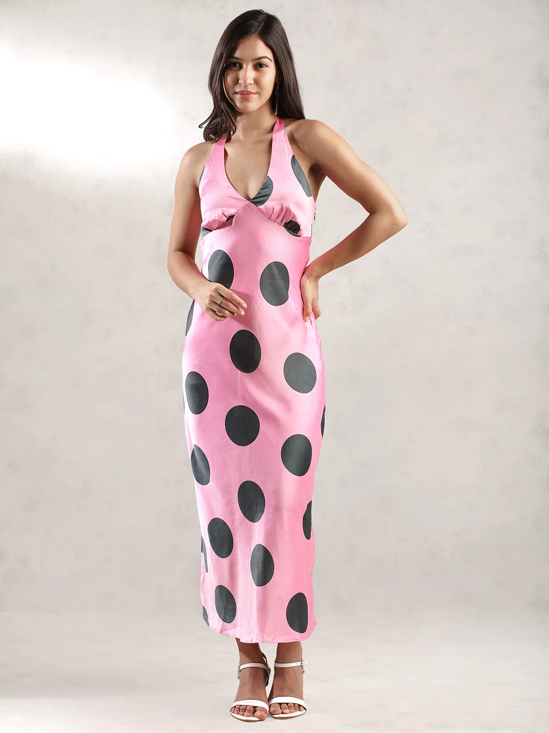 Women Pink Polka Dot Maxi Dress - Image 5