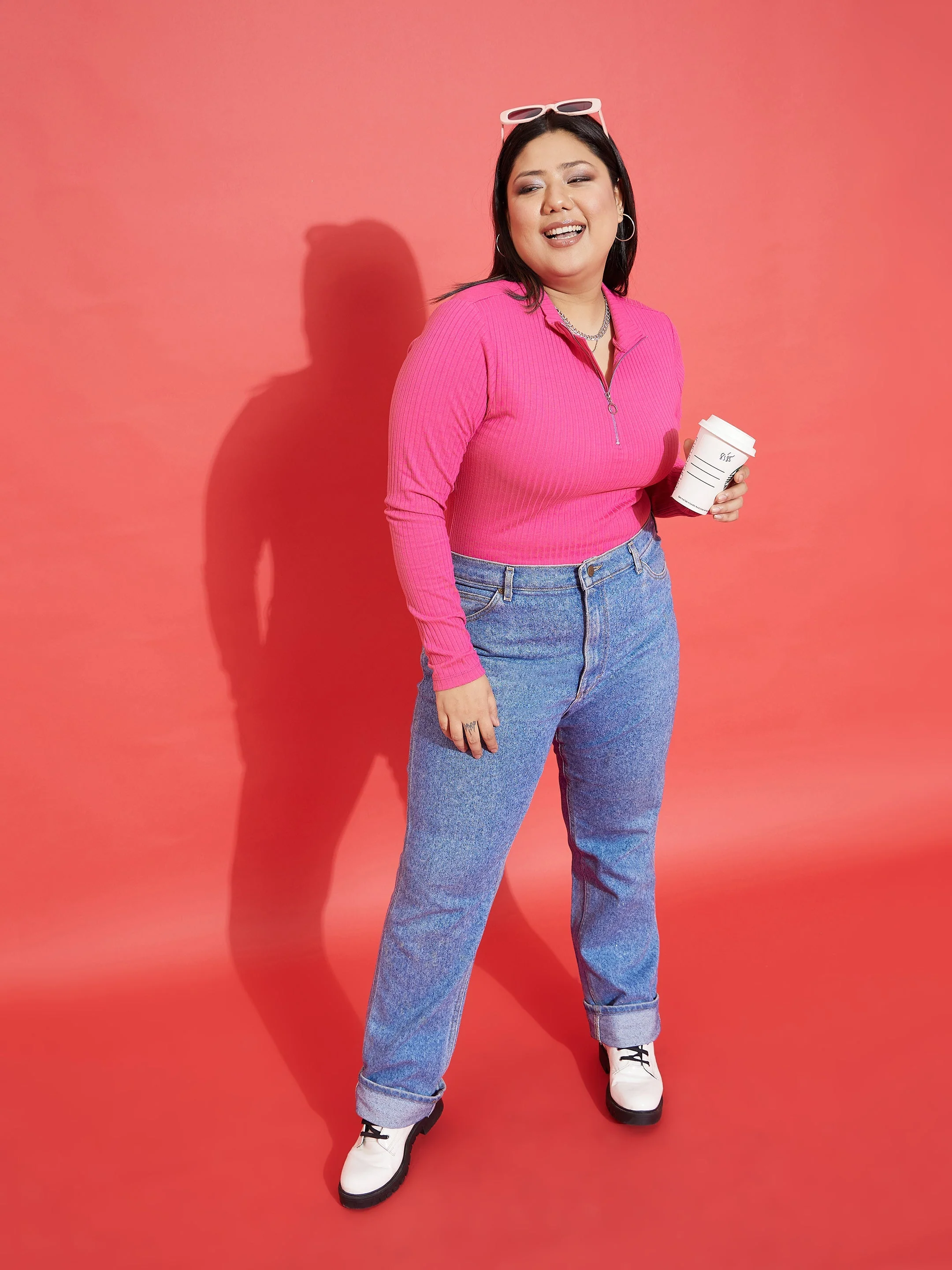 Women Pink Rib Front Zipper Top - Image 2
