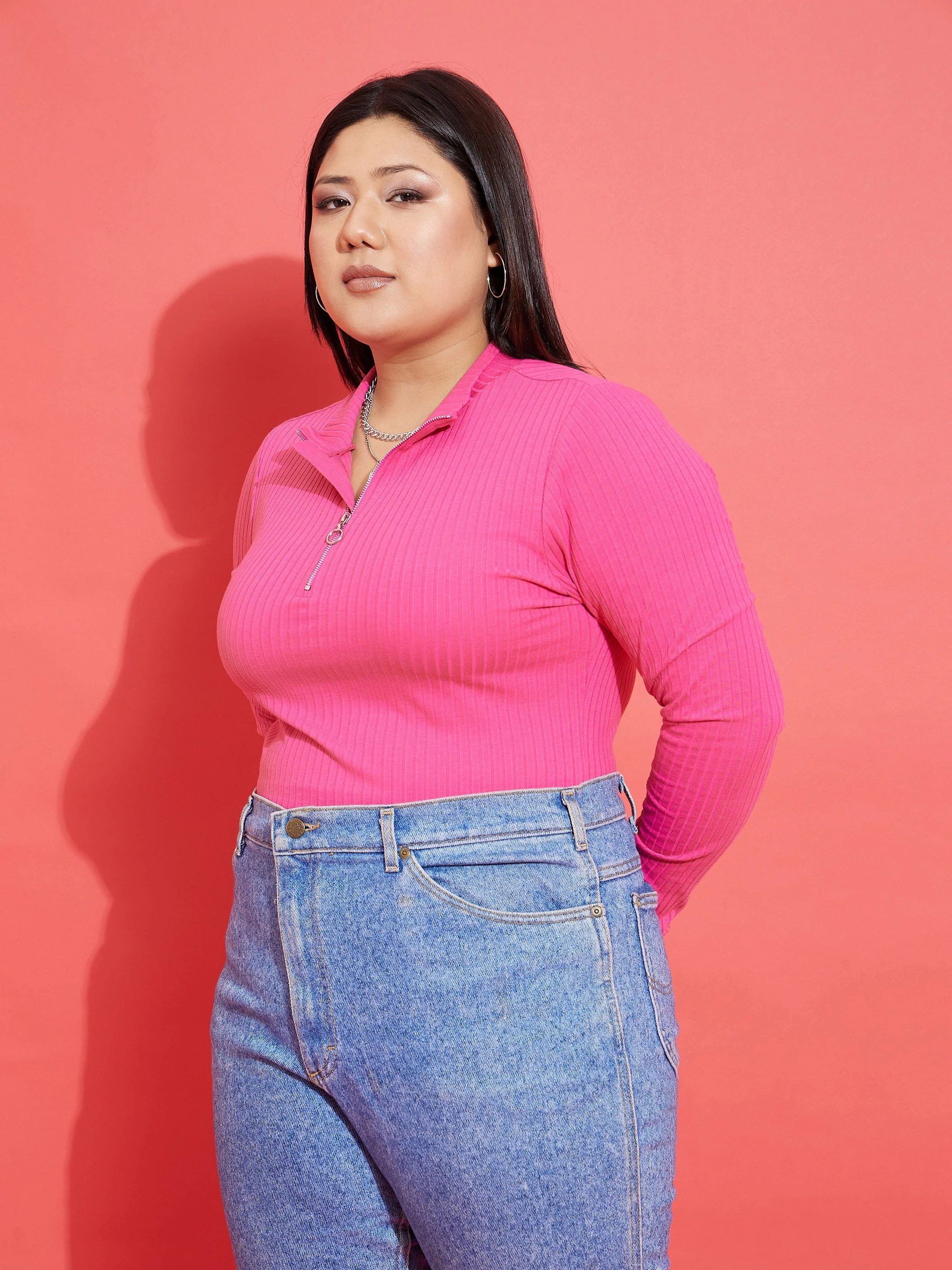 Women Pink Rib Front Zipper Top - Image 3