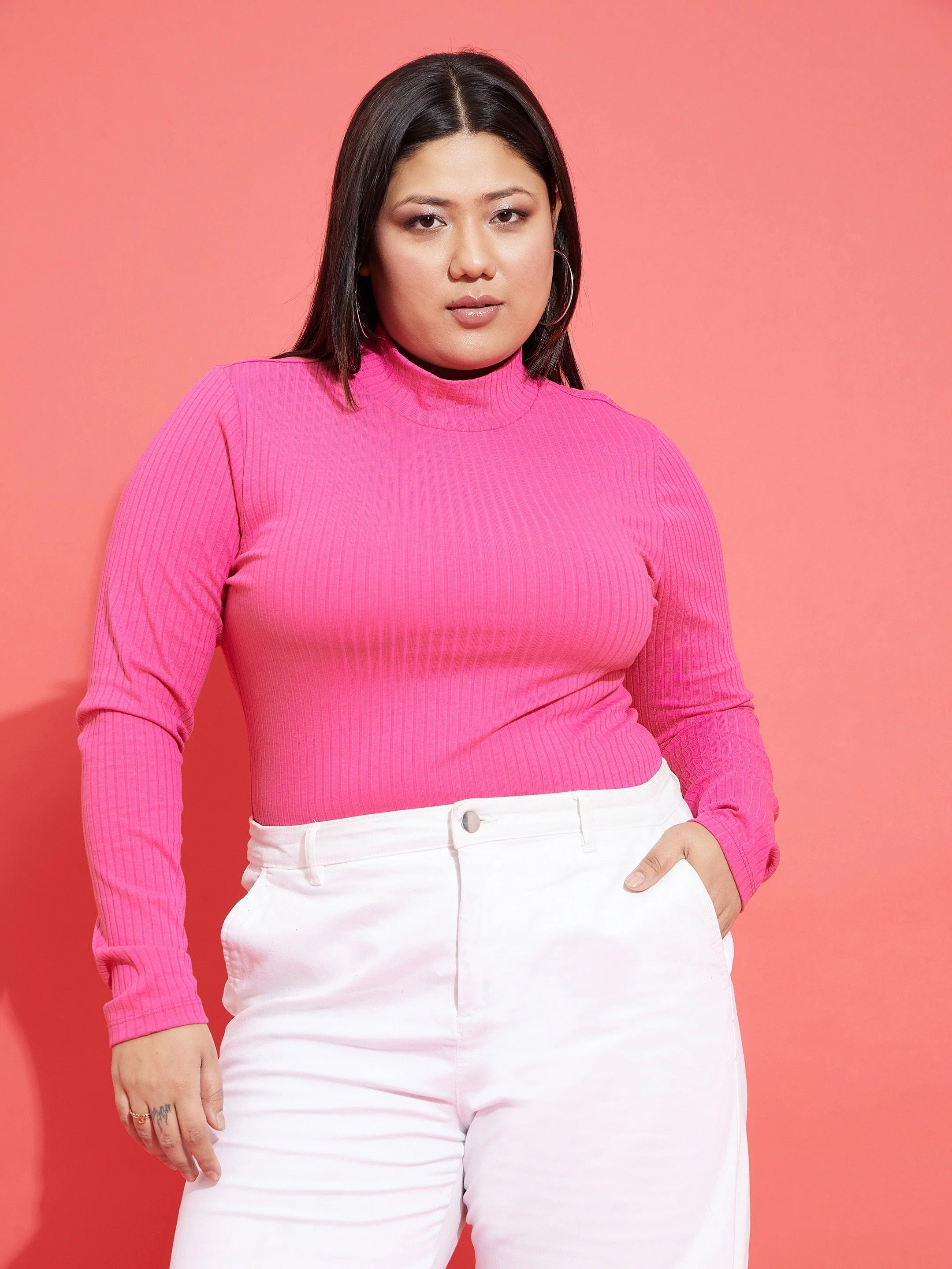 Women Pink Rib High Neck Top - Image 2