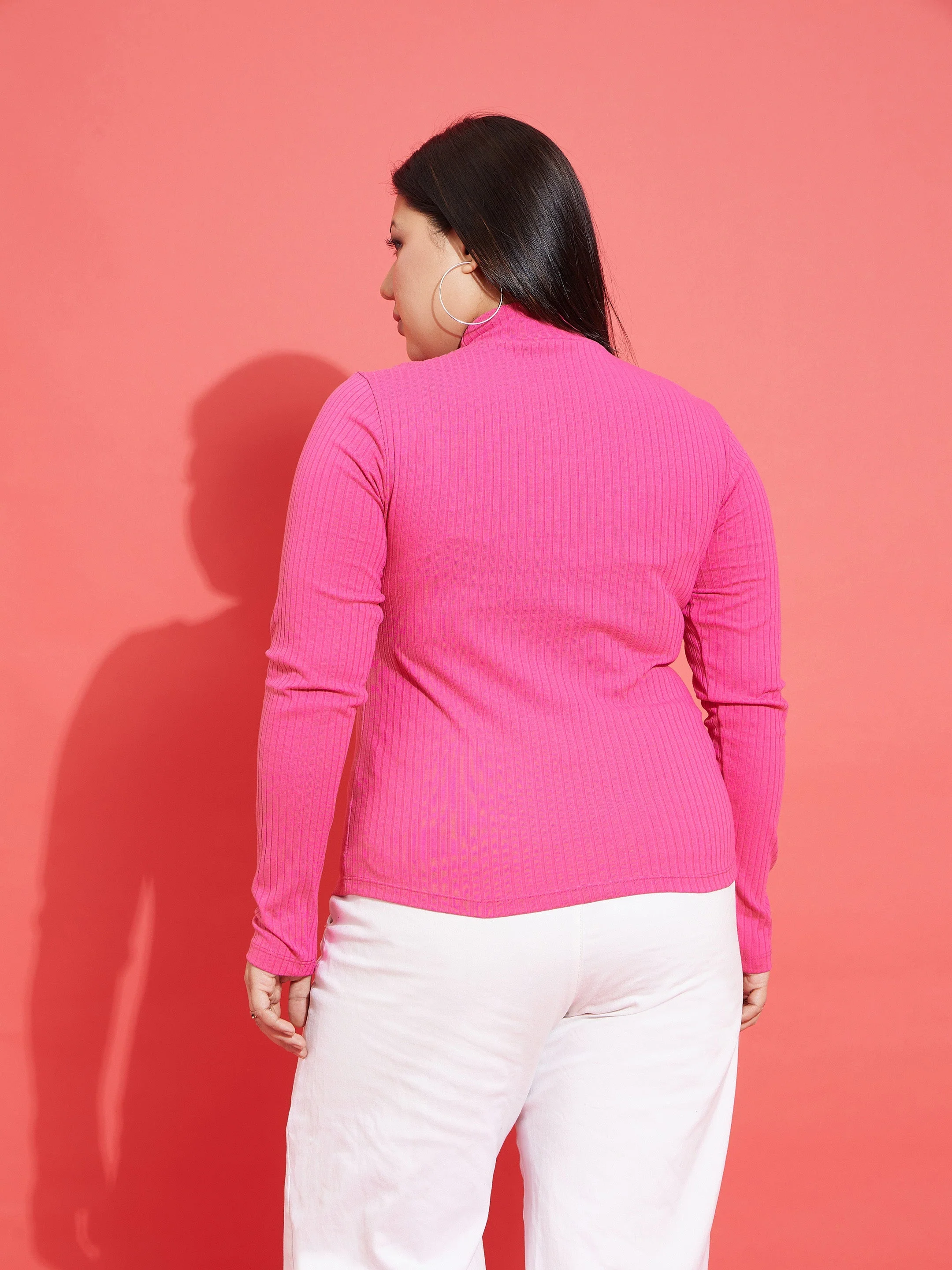 Women Pink Rib High Neck Top - Image 5