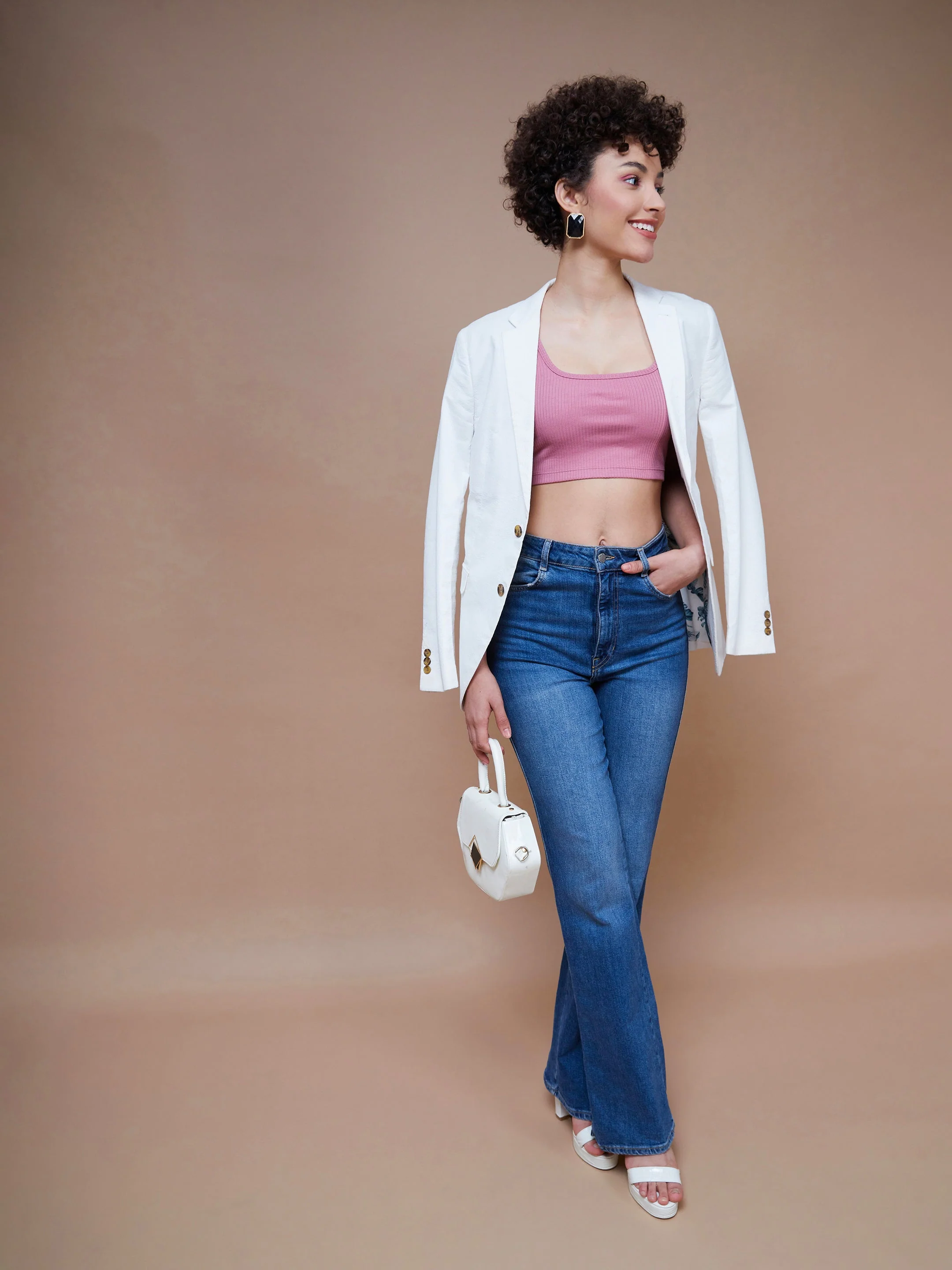 Women Pink Rib Square Neck Cropped Tank Top - Image 2