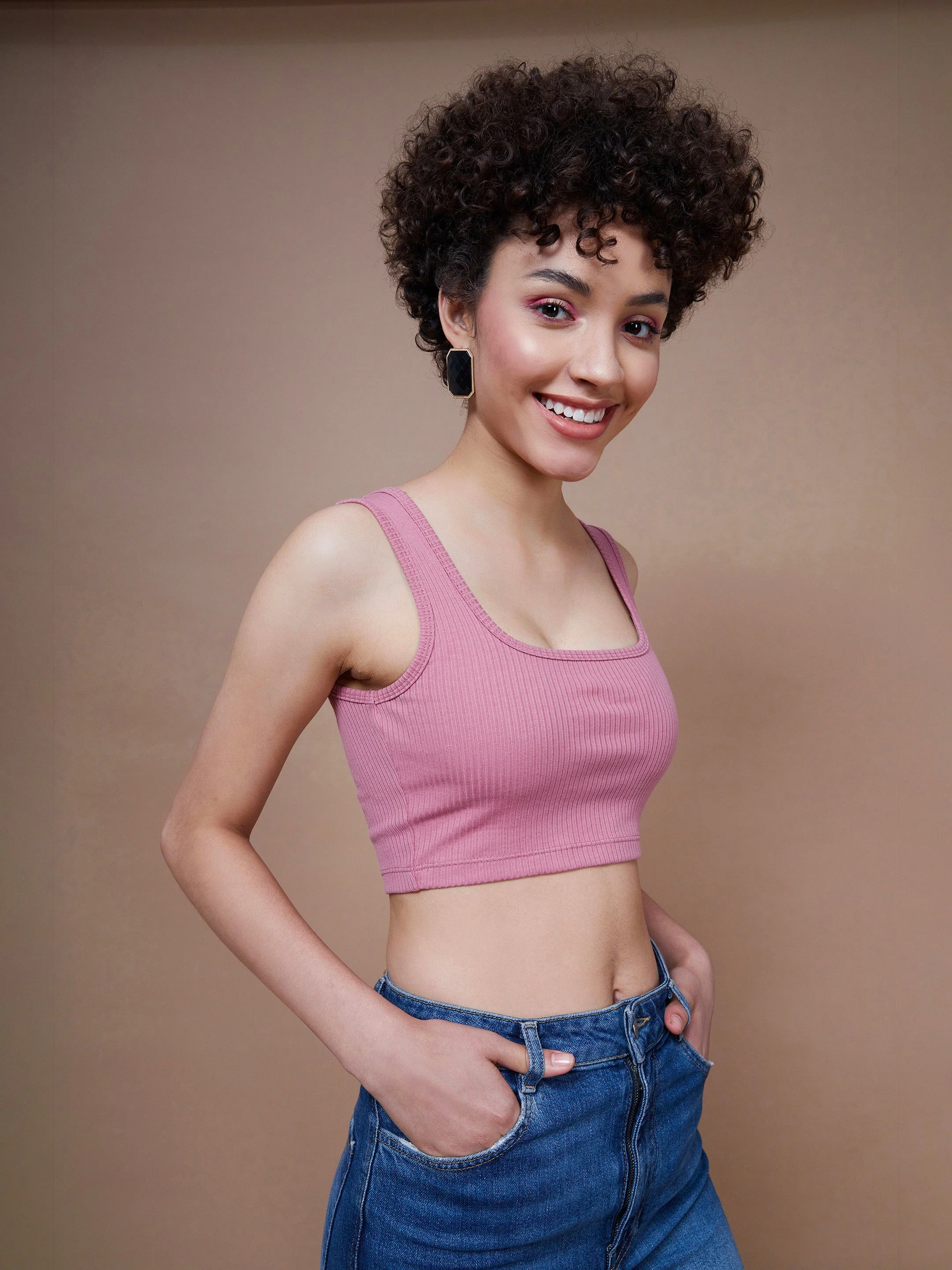 Women Pink Rib Square Neck Cropped Tank Top - Image 4