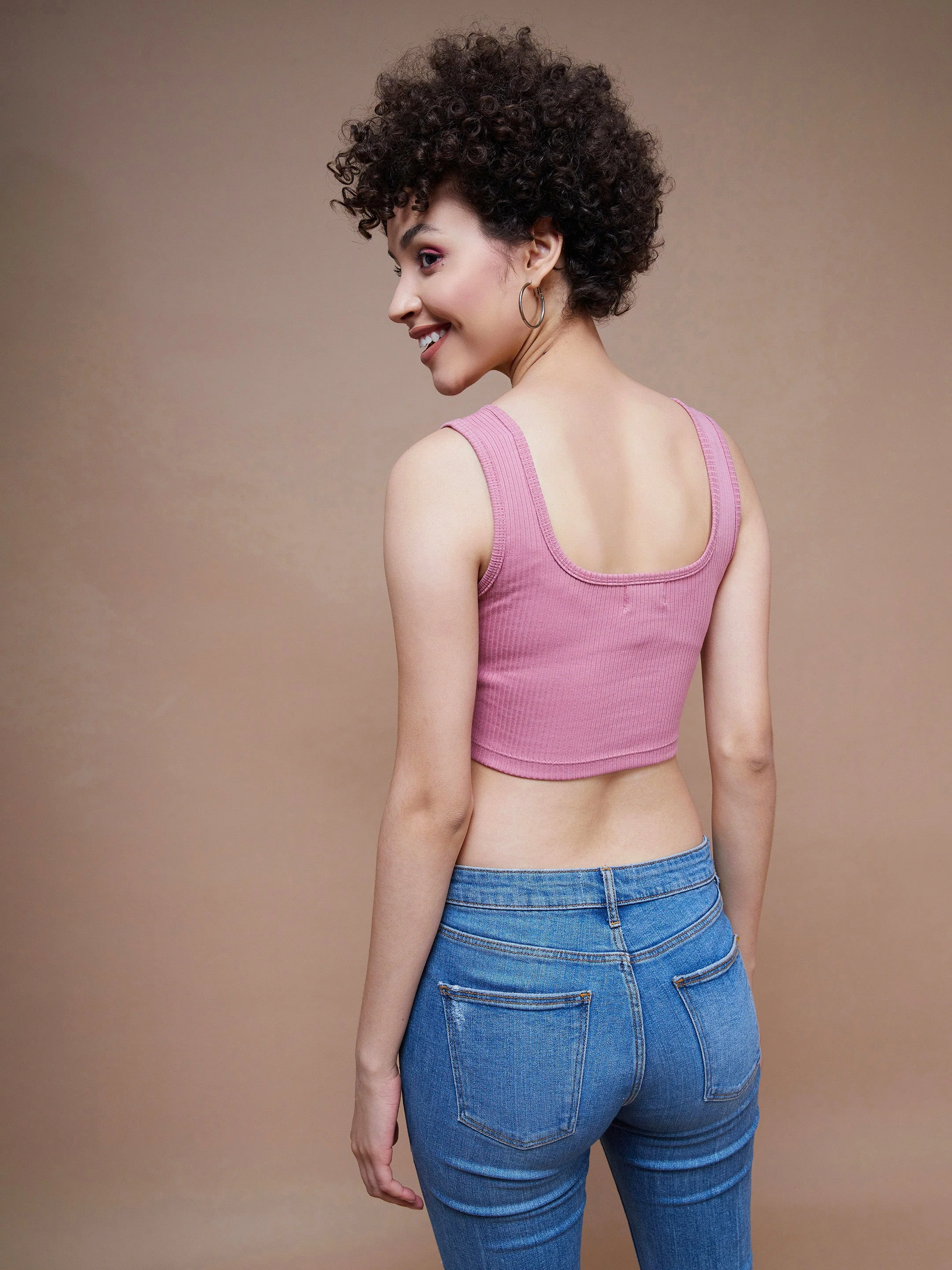 Women Pink Rib Square Neck Cropped Tank Top - Image 5