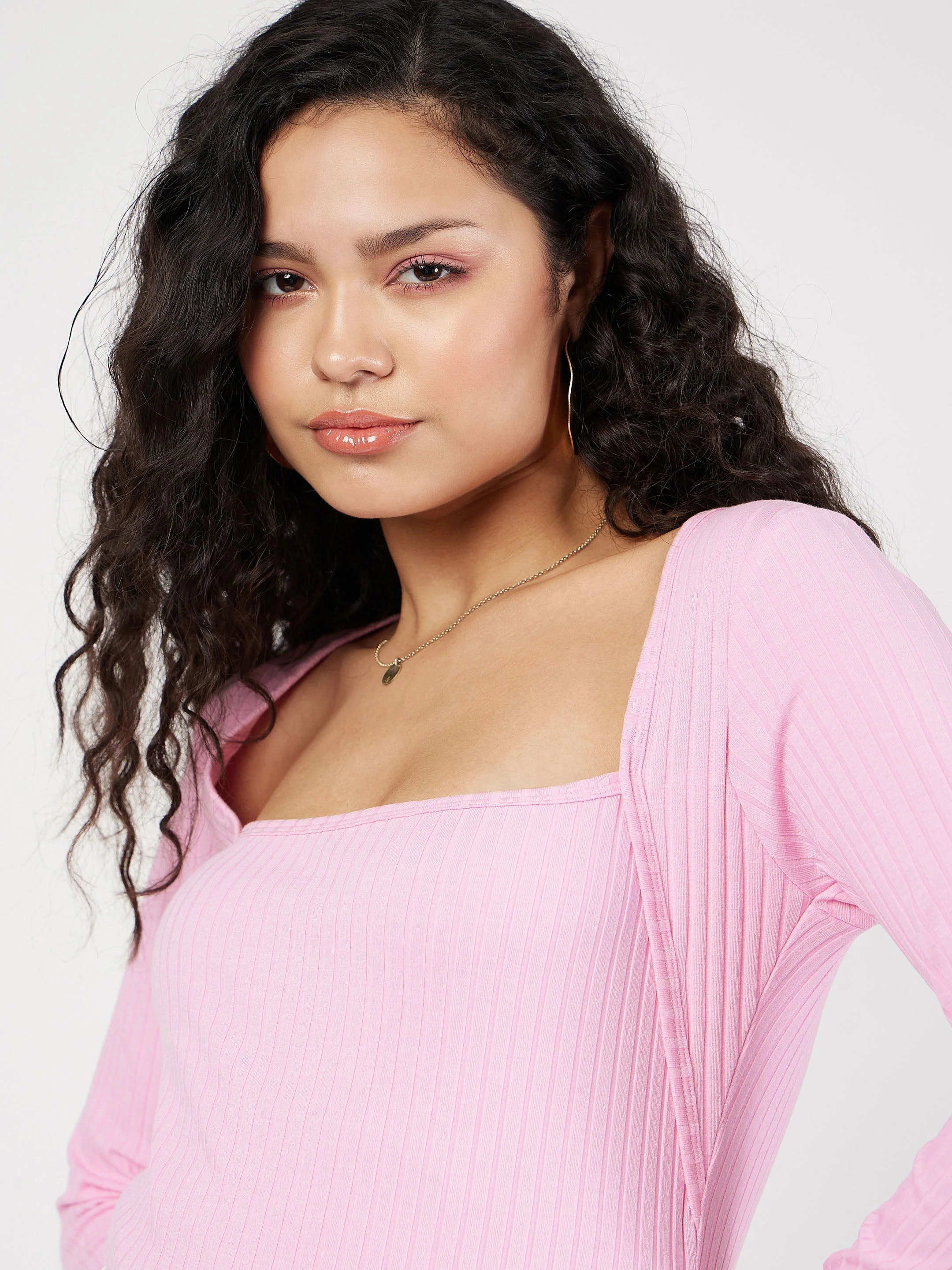 Women Pink Rib Square Neck Full Sleeves Top - Image 4