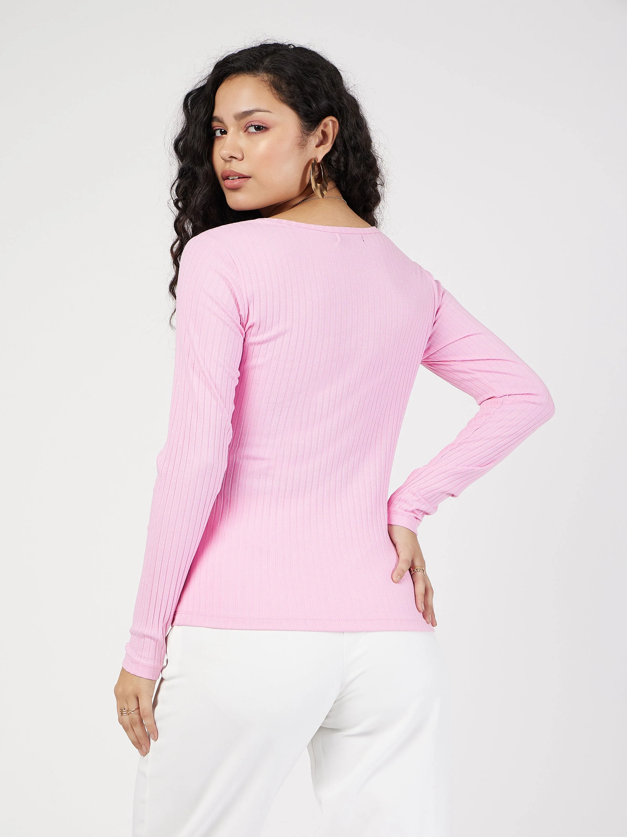 Women Pink Rib Square Neck Full Sleeves Top - Image 5