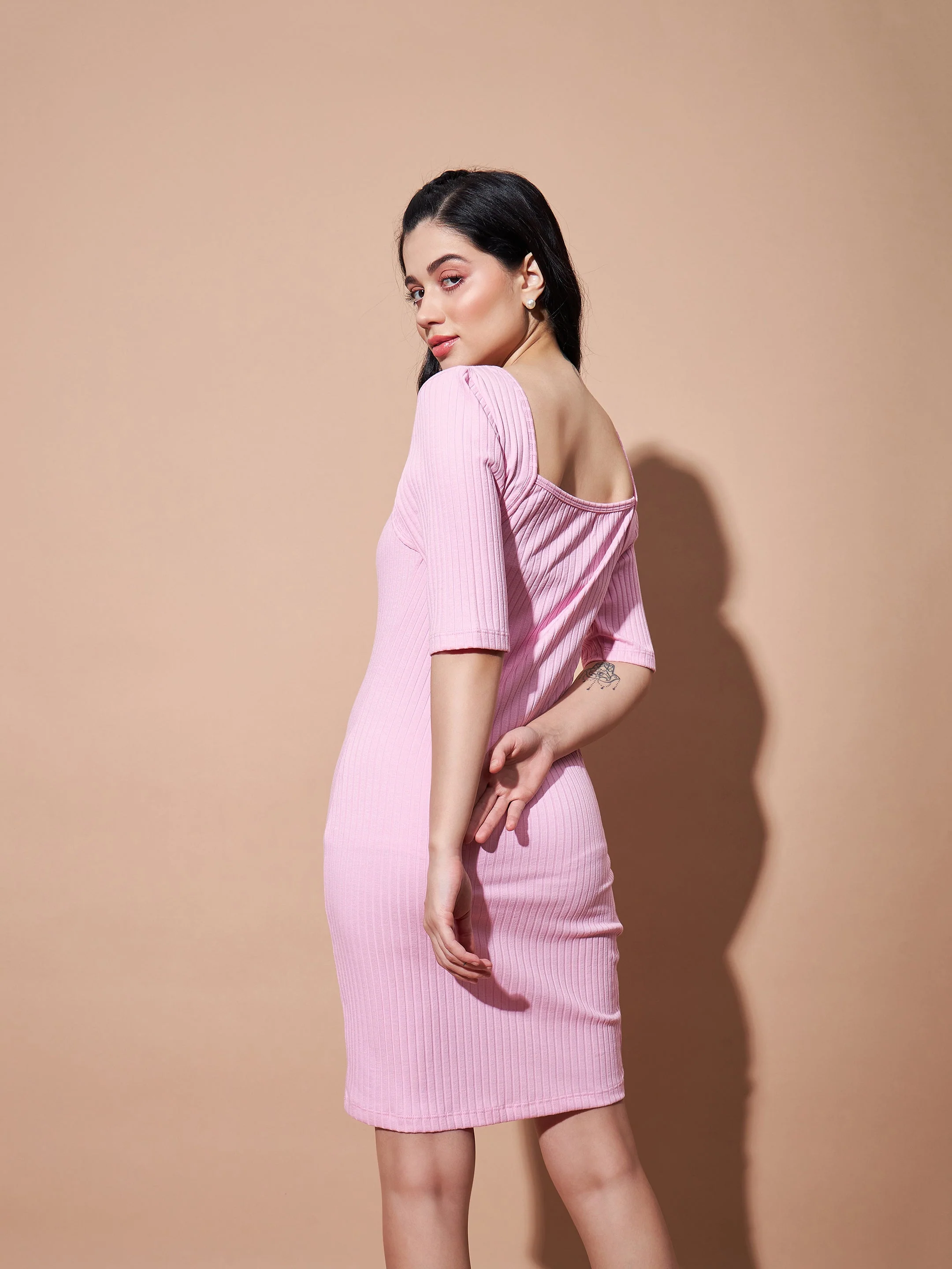 Women Pink Rib Square Neck Short Dress - Image 5
