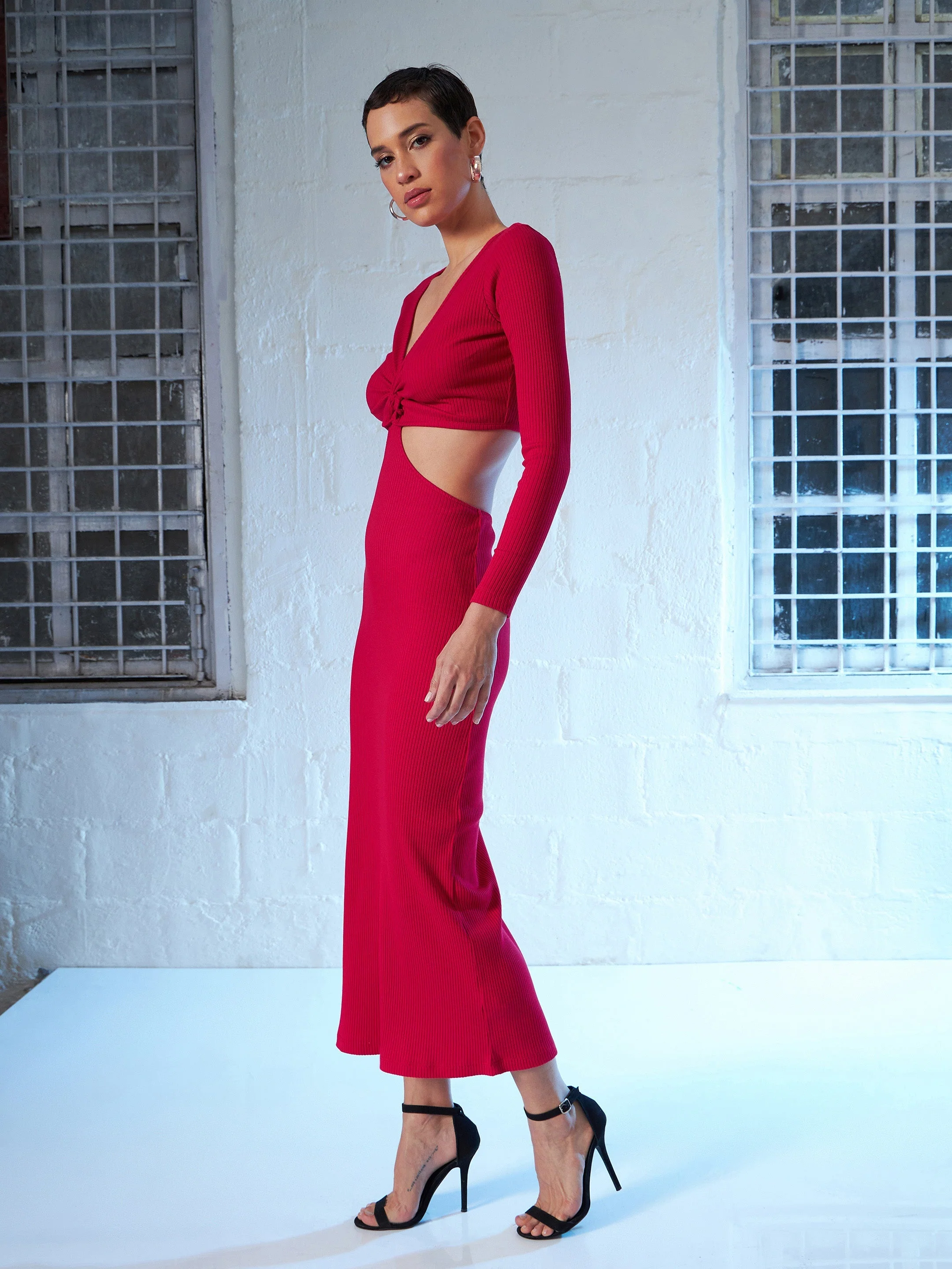 Women Pink Rib Waist Cut Out Maxi Dress - Image 3