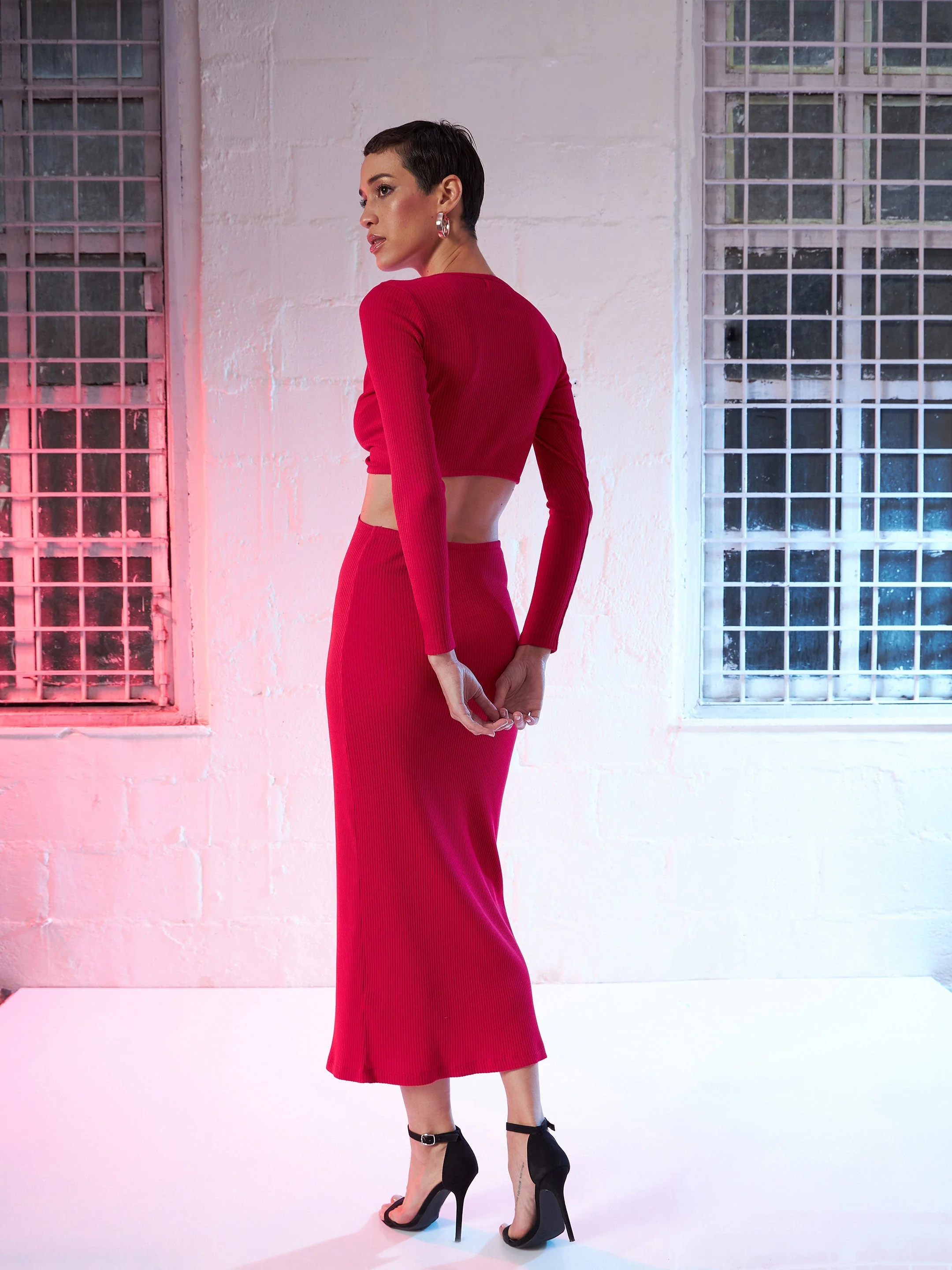 Women Pink Rib Waist Cut Out Maxi Dress - Image 5