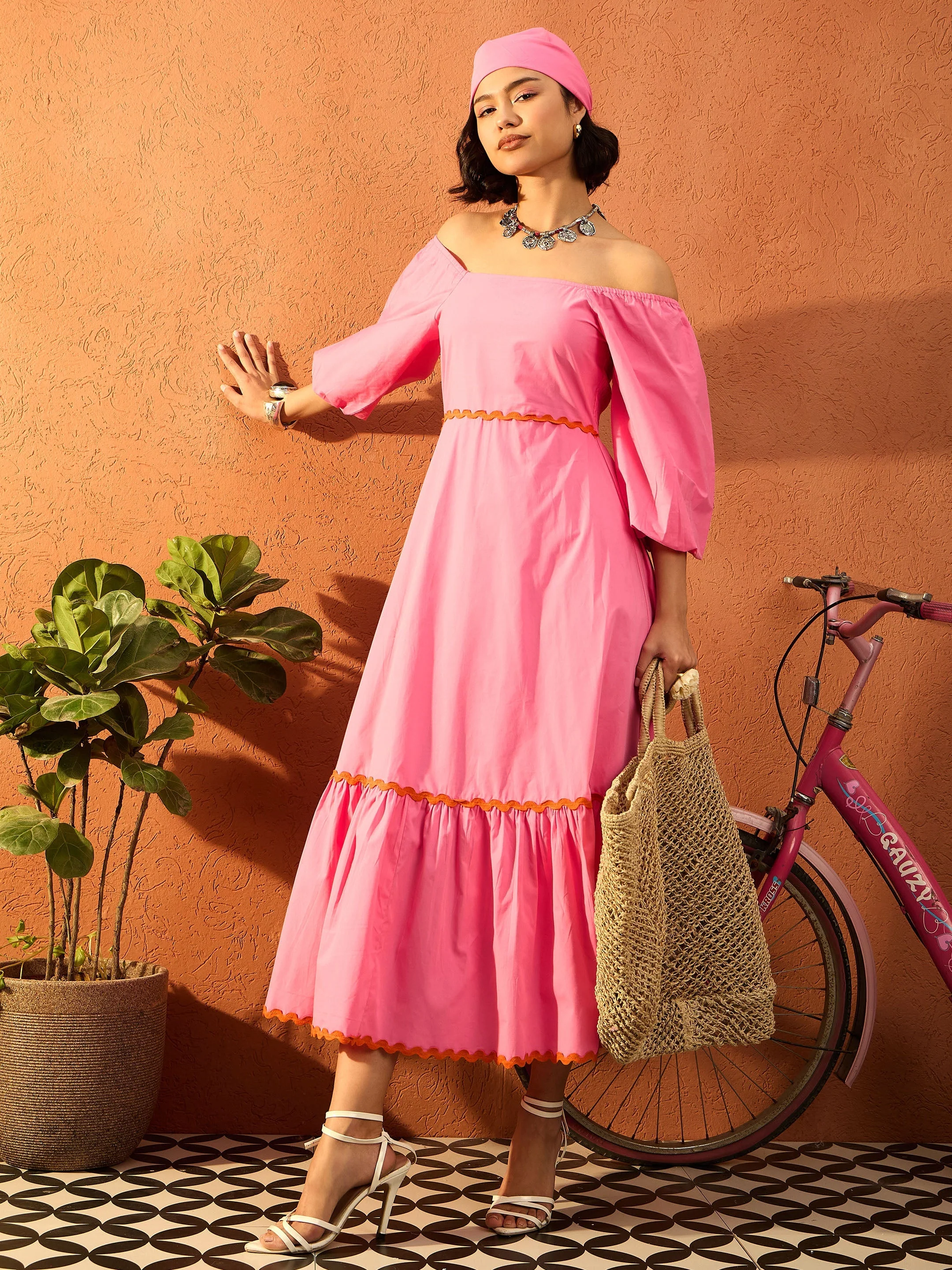 Women Pink Ric Rac Lace Square Neck Maxi Dress - Image 2