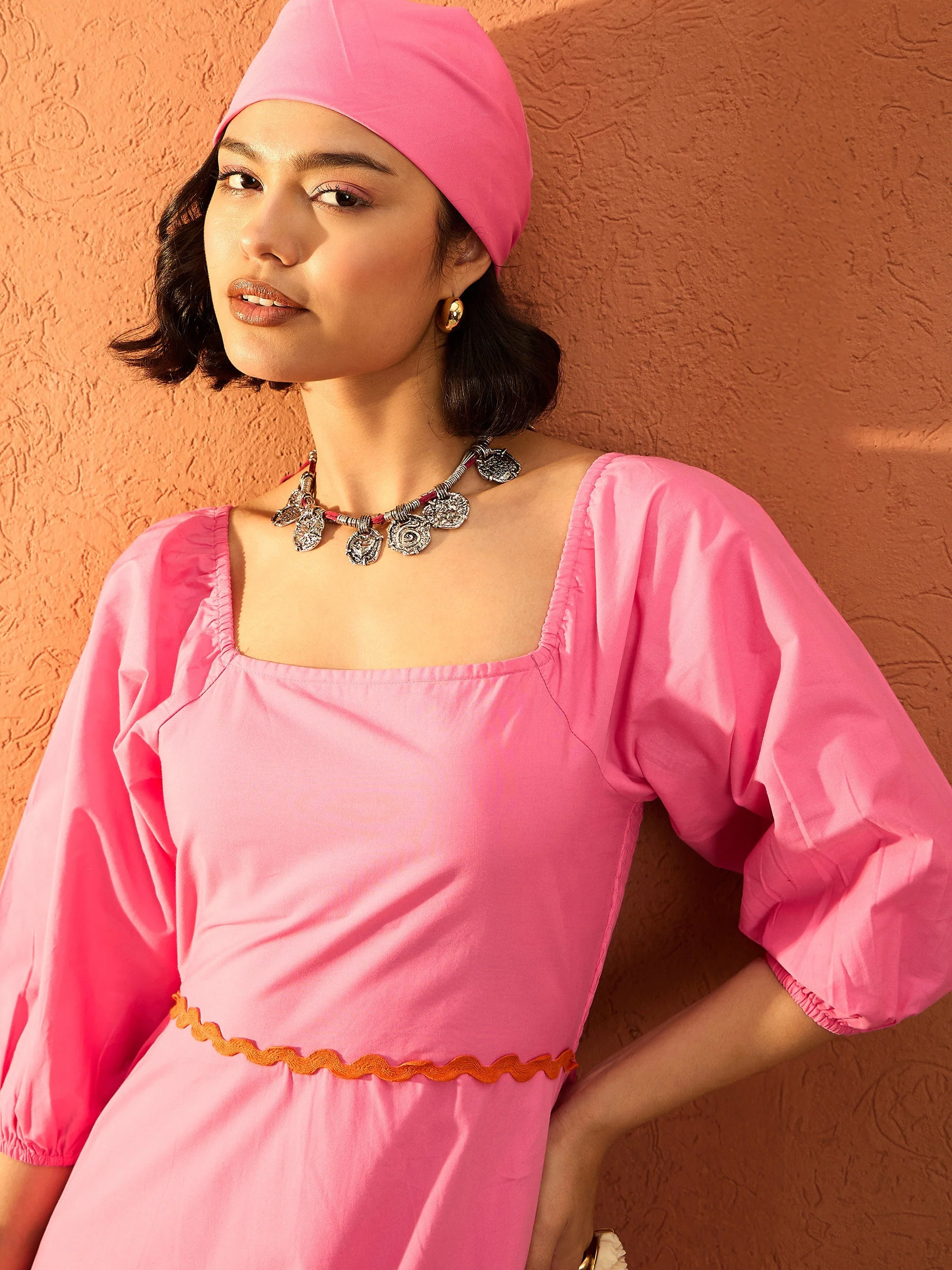 Women Pink Ric Rac Lace Square Neck Maxi Dress - Image 4