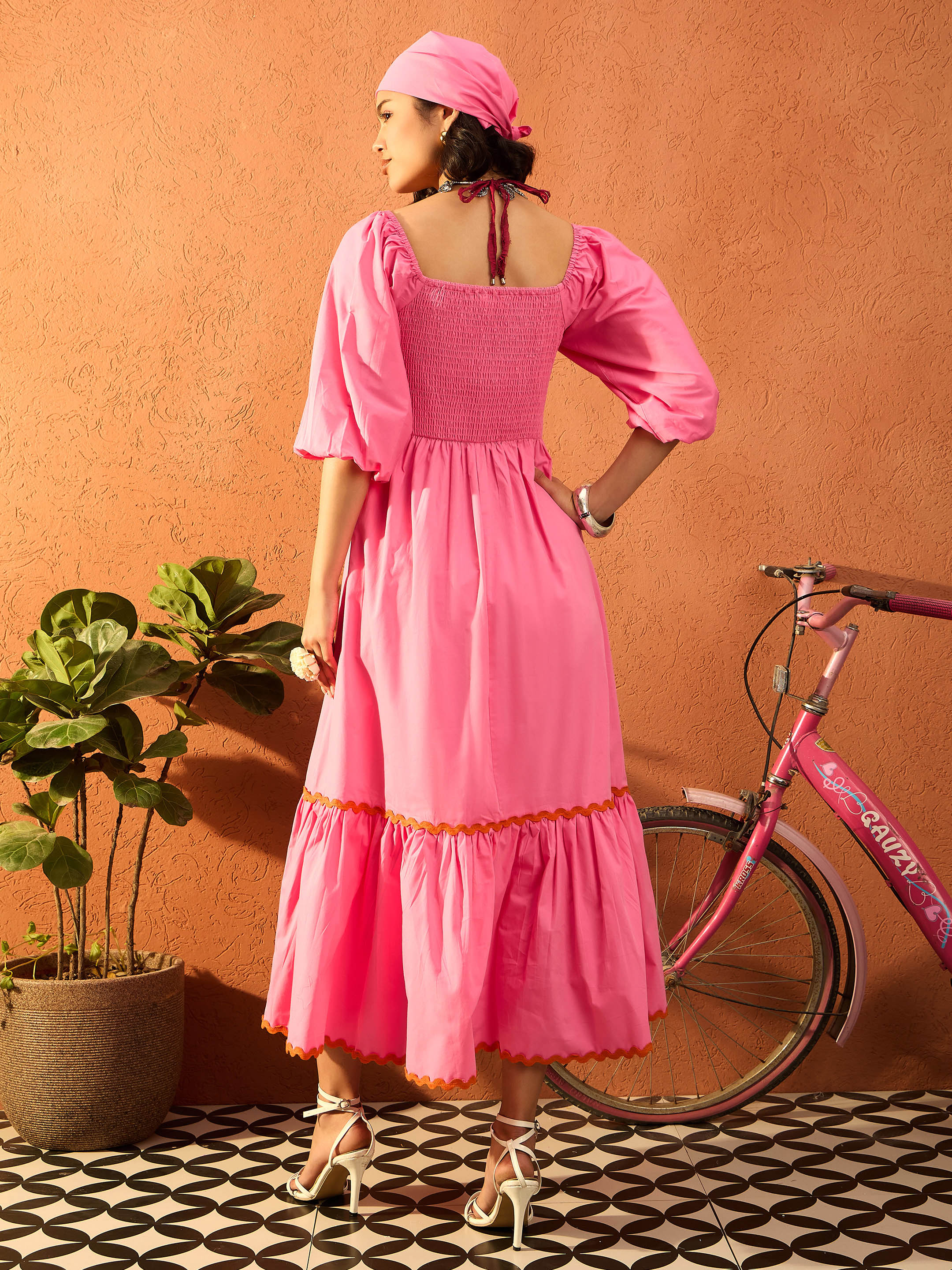 Women Pink Ric Rac Lace Square Neck Maxi Dress - Image 5