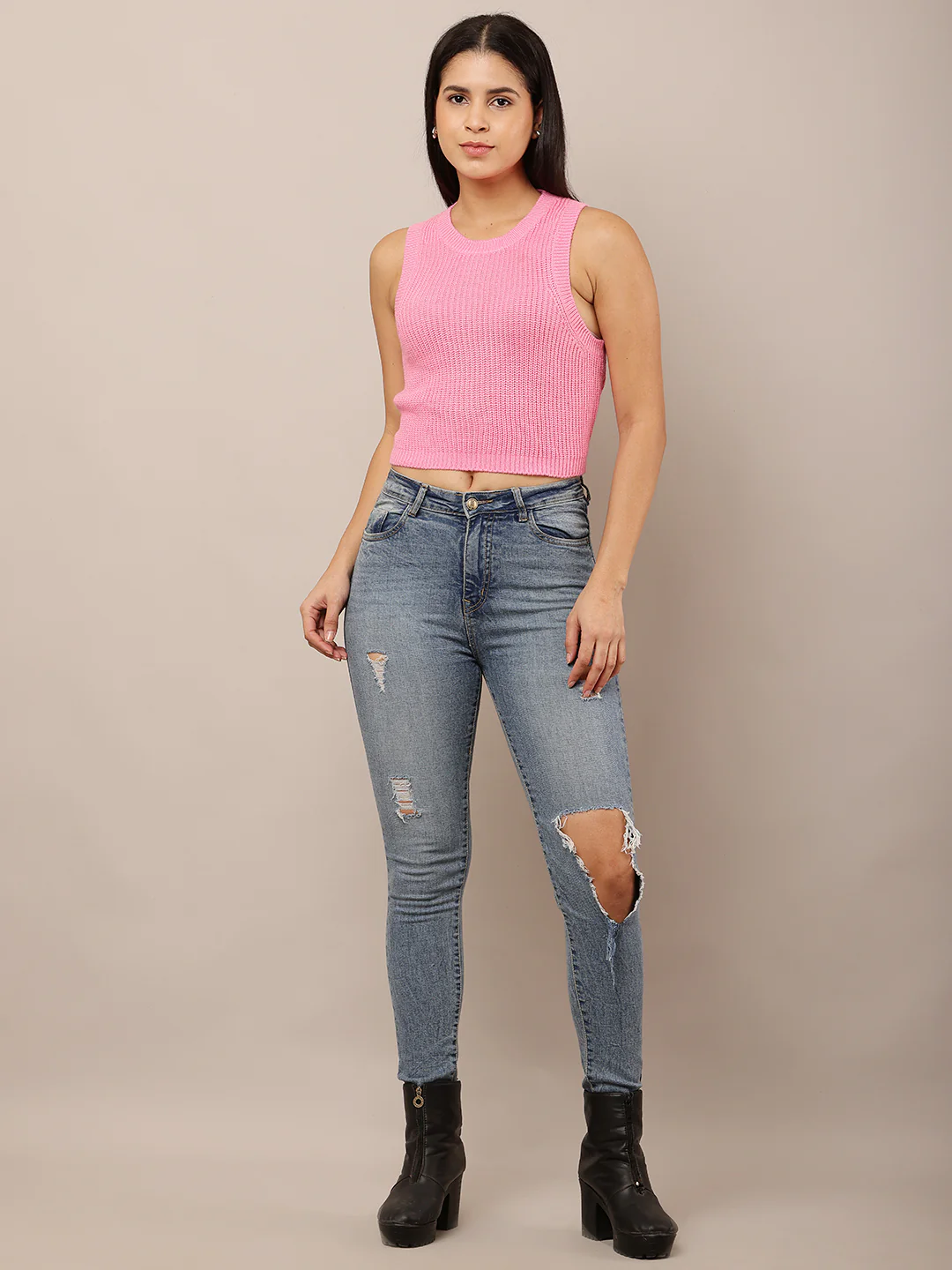 Women Pink Round Neck Crop Sweater - Image 3