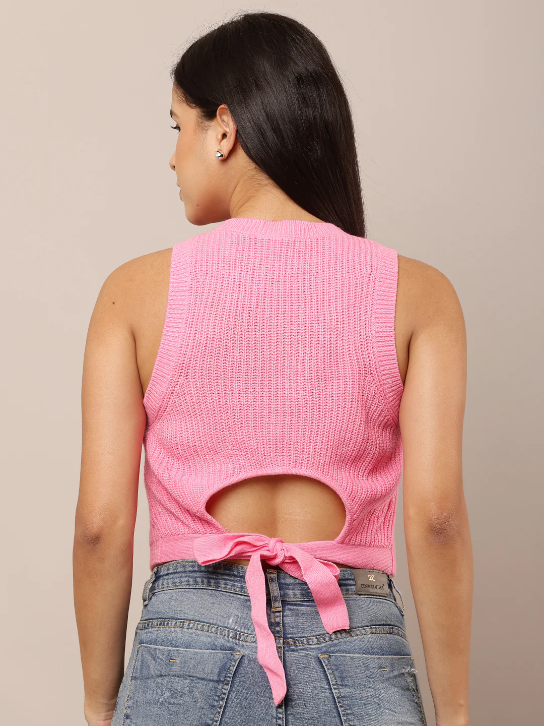 Women Pink Round Neck Crop Sweater - Image 4