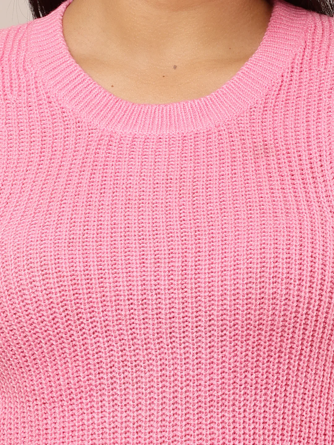 Women Pink Round Neck Crop Sweater - Image 5