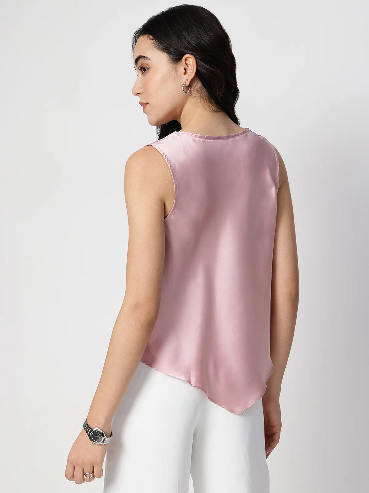 Women Pink Satin Cowl Neck Top - Image 2