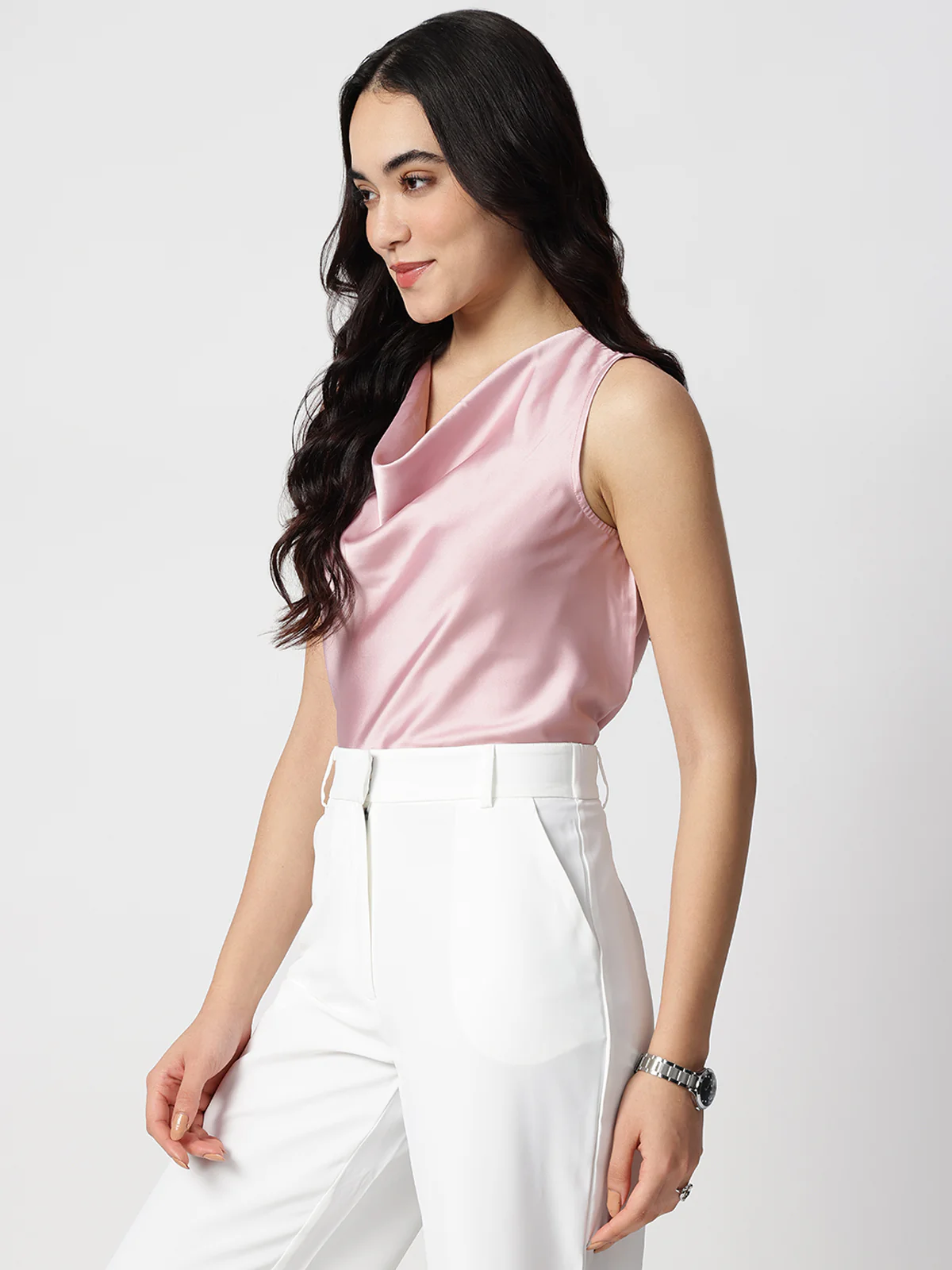 Women Pink Satin Cowl Neck Top - Image 3