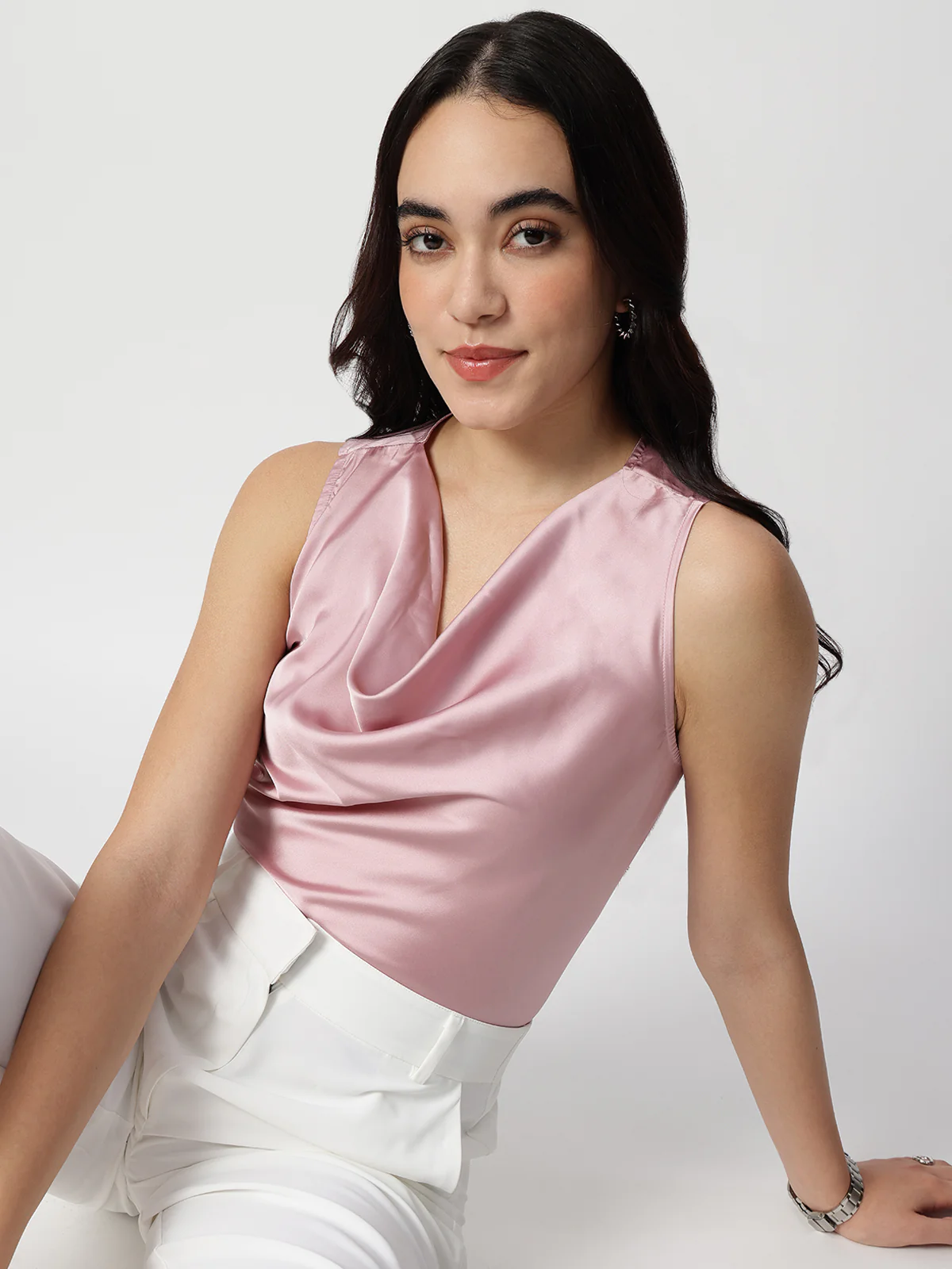 Women Pink Satin Cowl Neck Top - Image 4