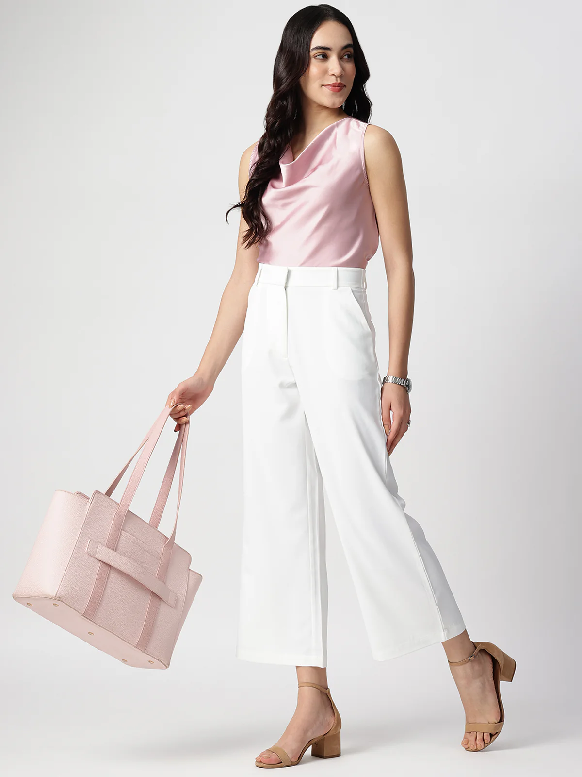 Women Pink Satin Cowl Neck Top - Image 6