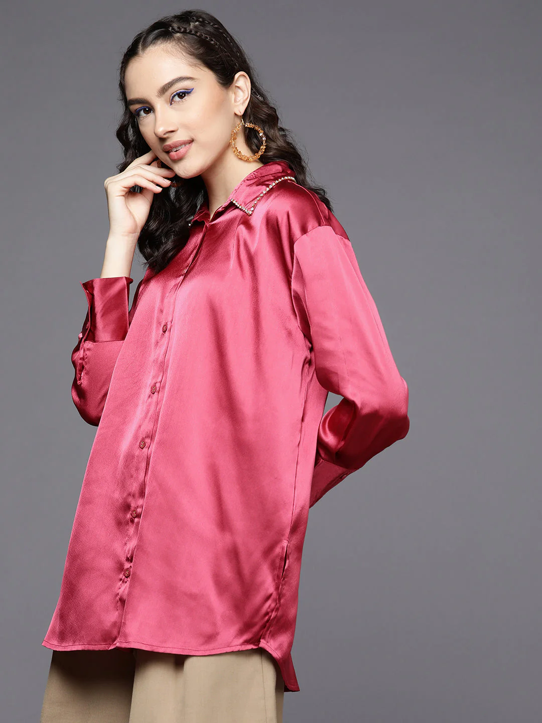 Women Pink Satin Longline Shirt - Image 4