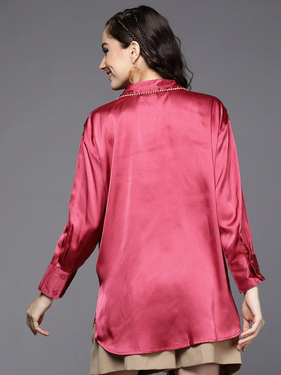 Women Pink Satin Longline Shirt - Image 5