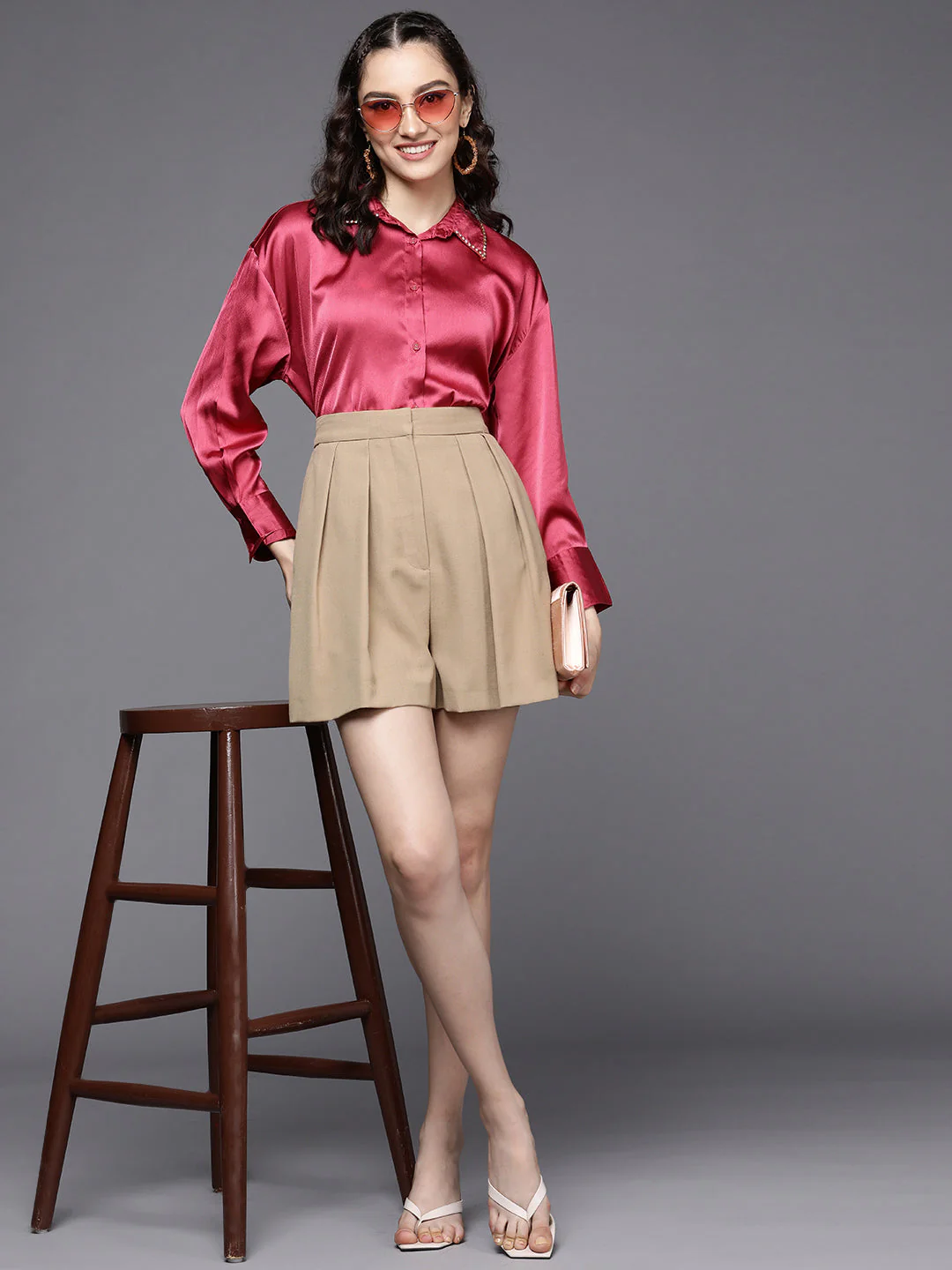 Women Pink Satin Longline Shirt - Image 6