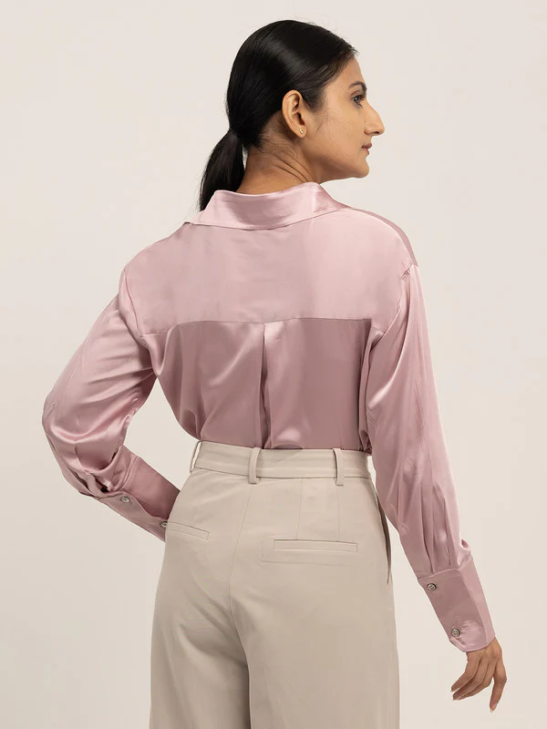 Women Pink Satin Spread Collar Shirt - Image 2