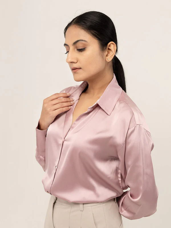 Women Pink Satin Spread Collar Shirt - Image 3