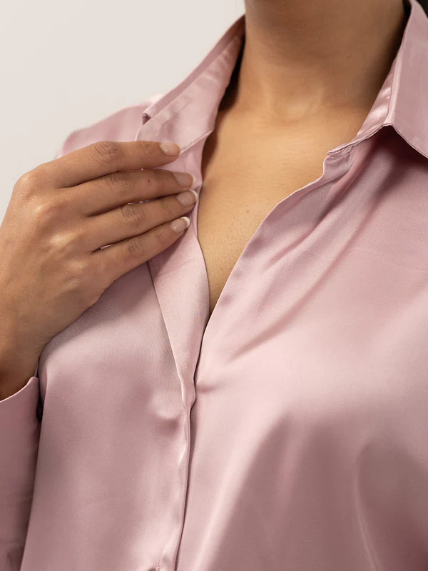Women Pink Satin Spread Collar Shirt - Image 4