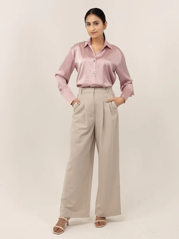 Women Pink Satin Spread Collar Shirt - Image 5
