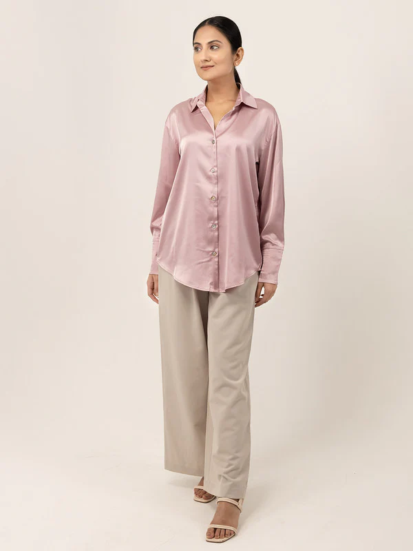 Women Pink Satin Spread Collar Shirt - Image 6