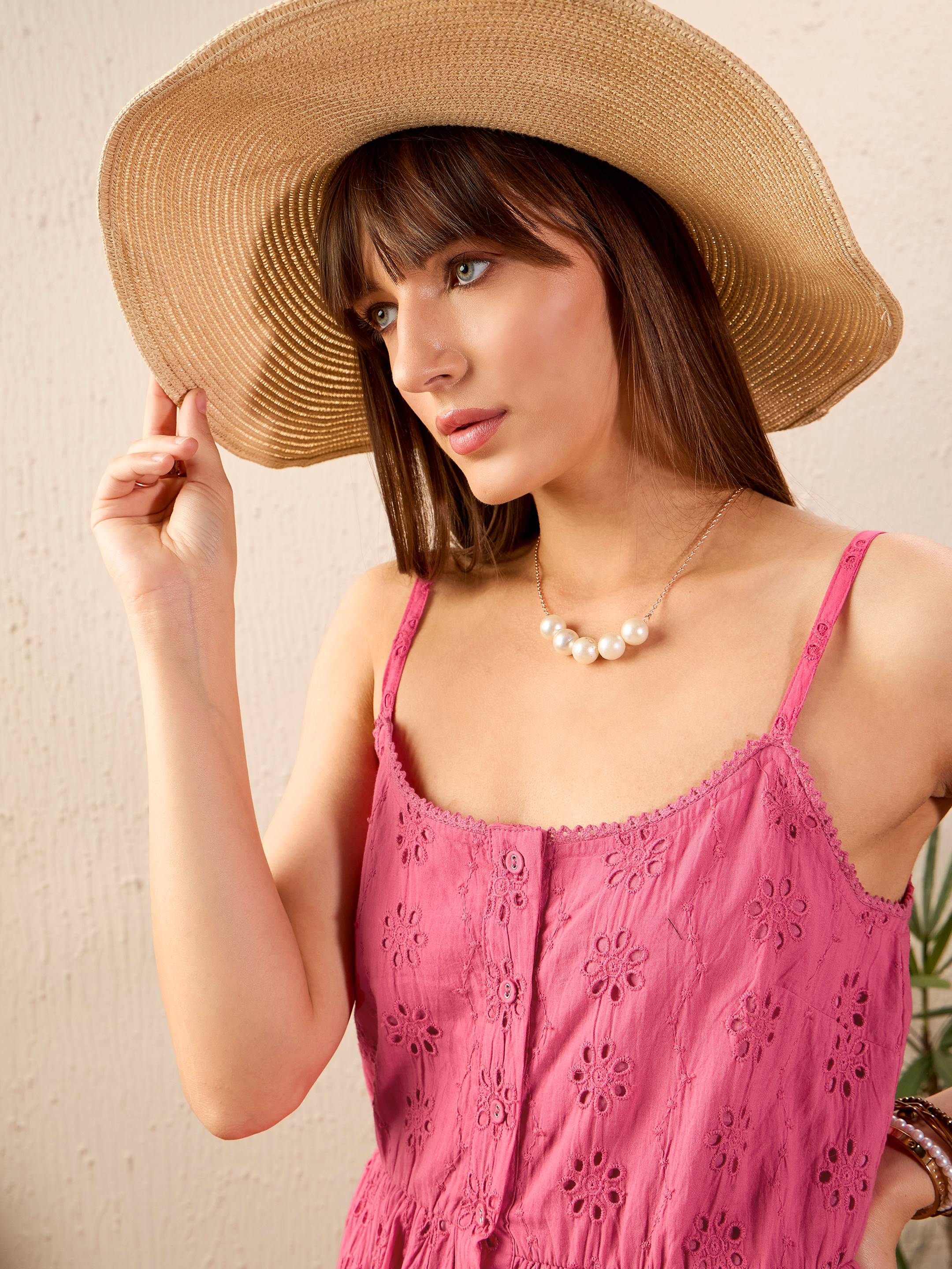 Women Pink Schiffli Strappy Midi Dress - Image 3