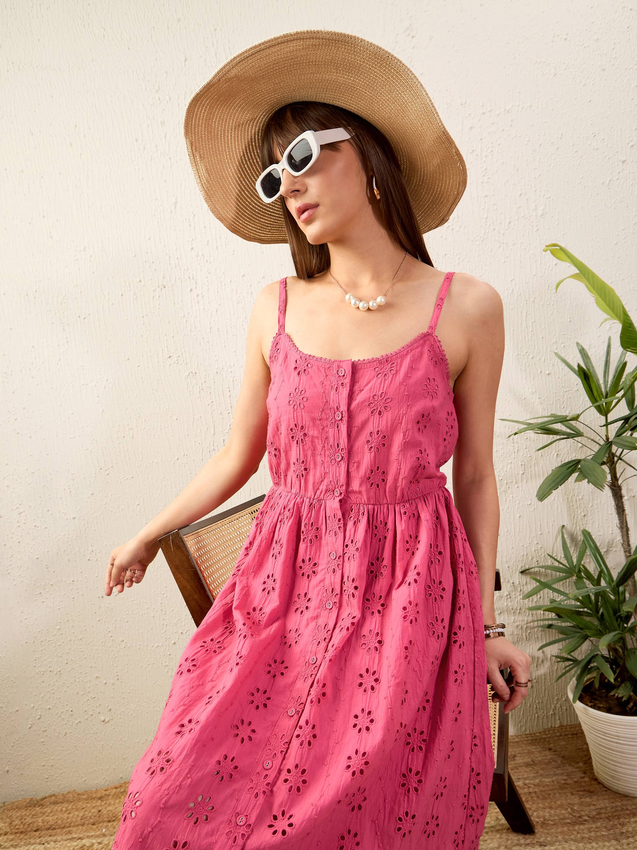 Women Pink Schiffli Strappy Midi Dress - Image 4