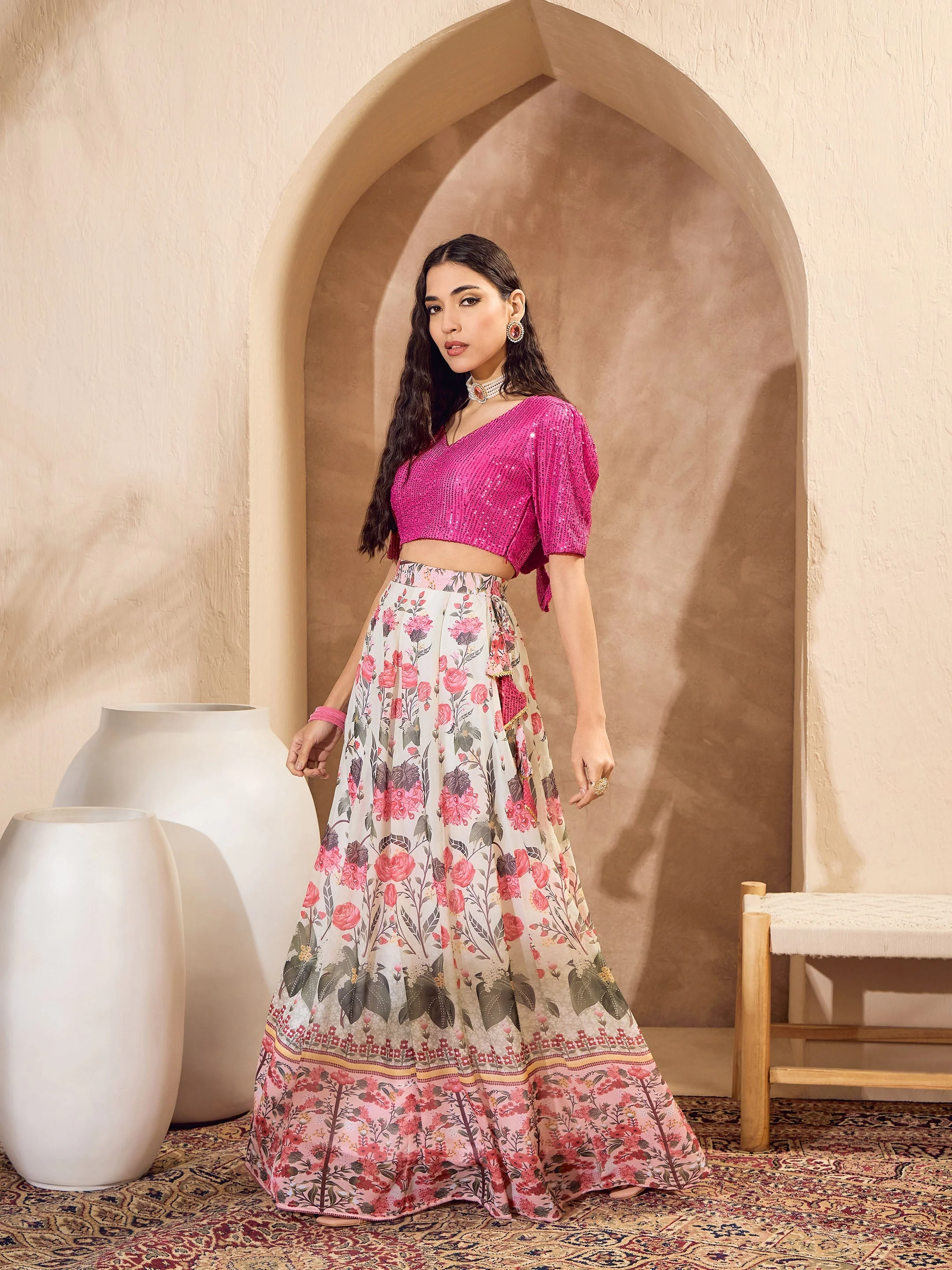 Women Pink Sequins Crop Top With Floral Anarkali Skirt - Image 3