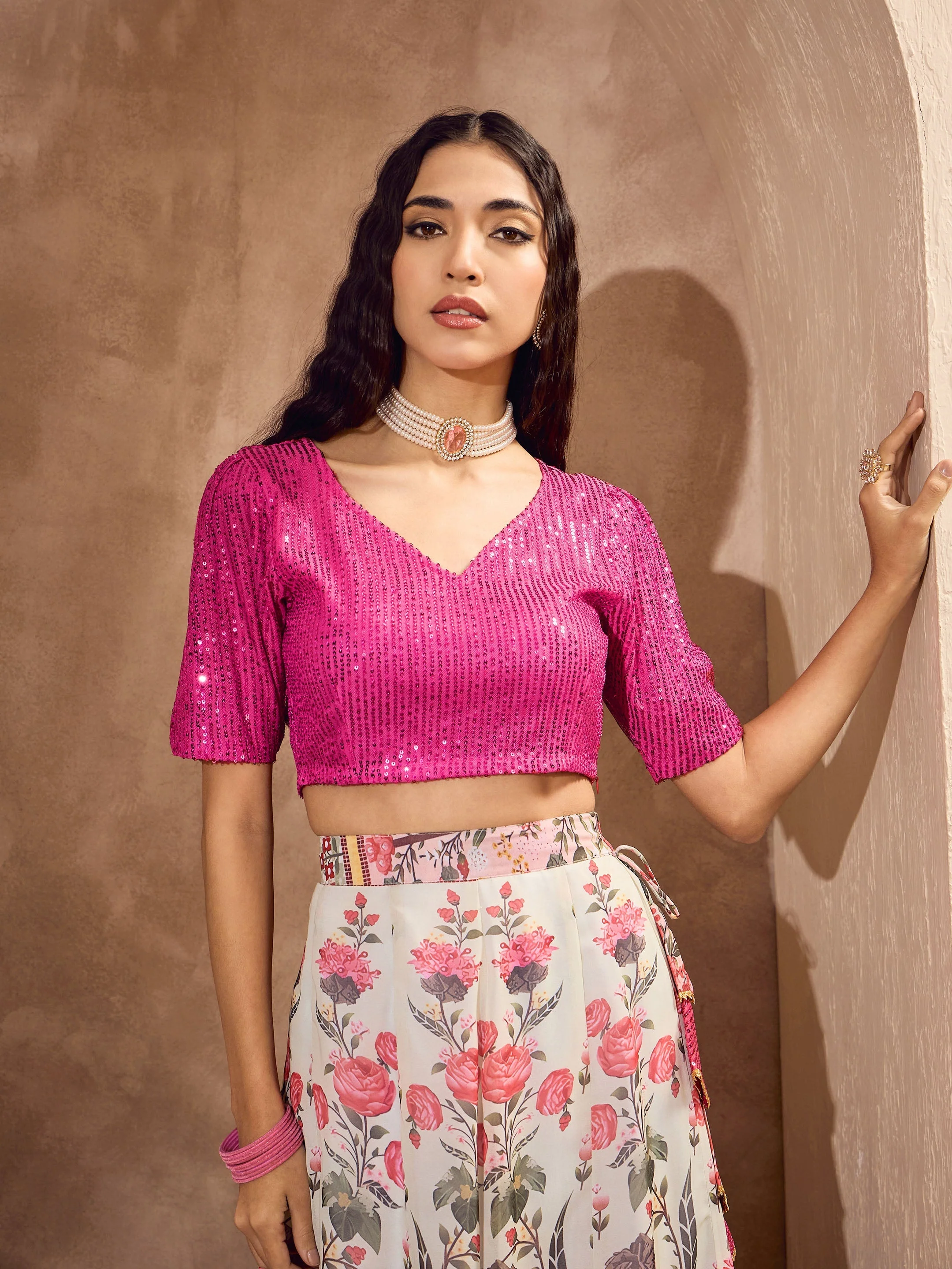 Women Pink Sequins Crop Top With Floral Anarkali Skirt - Image 4