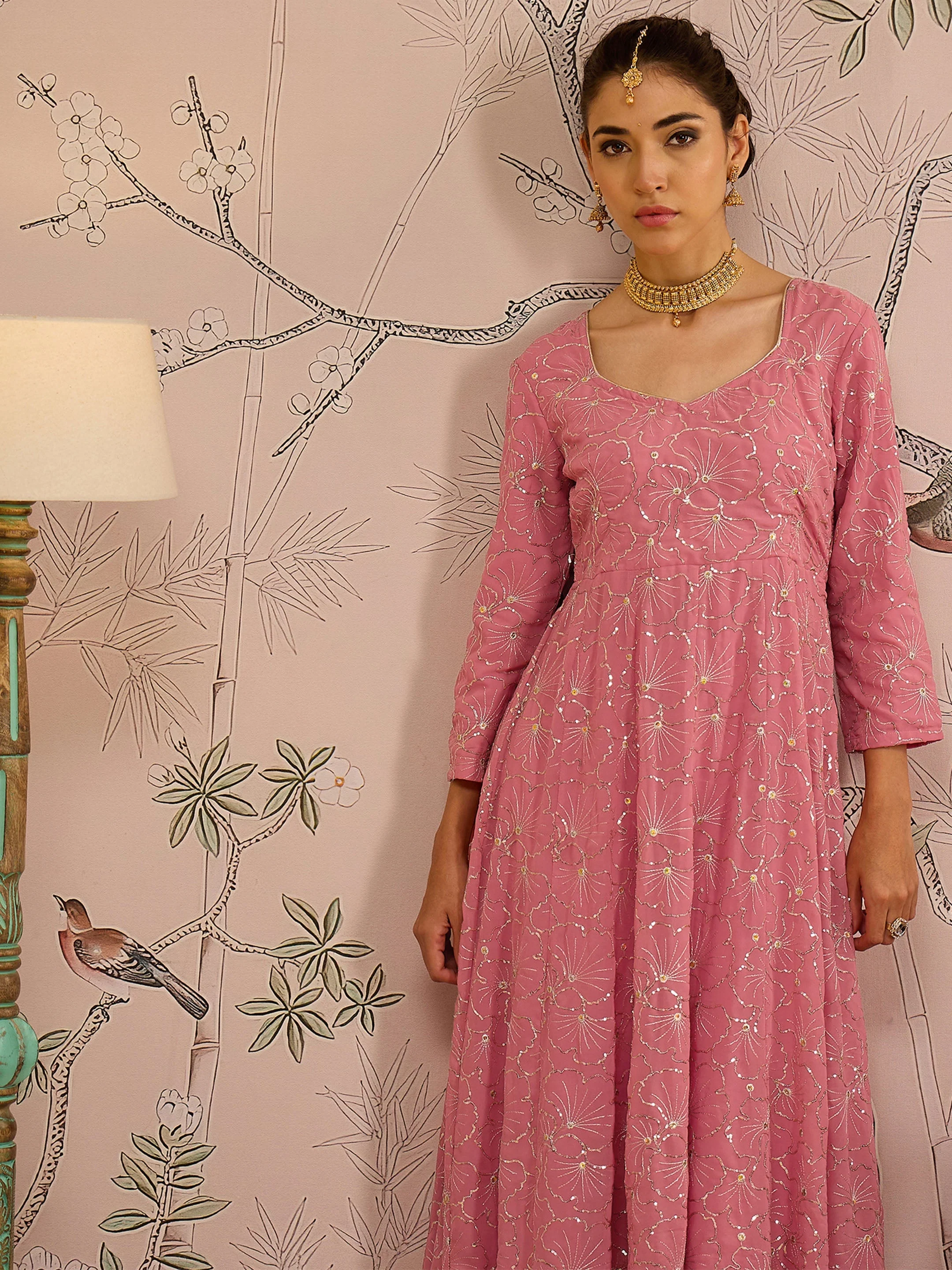 Women Pink Sequins Sweetheart Neck Anarkali Kurta - Image 2
