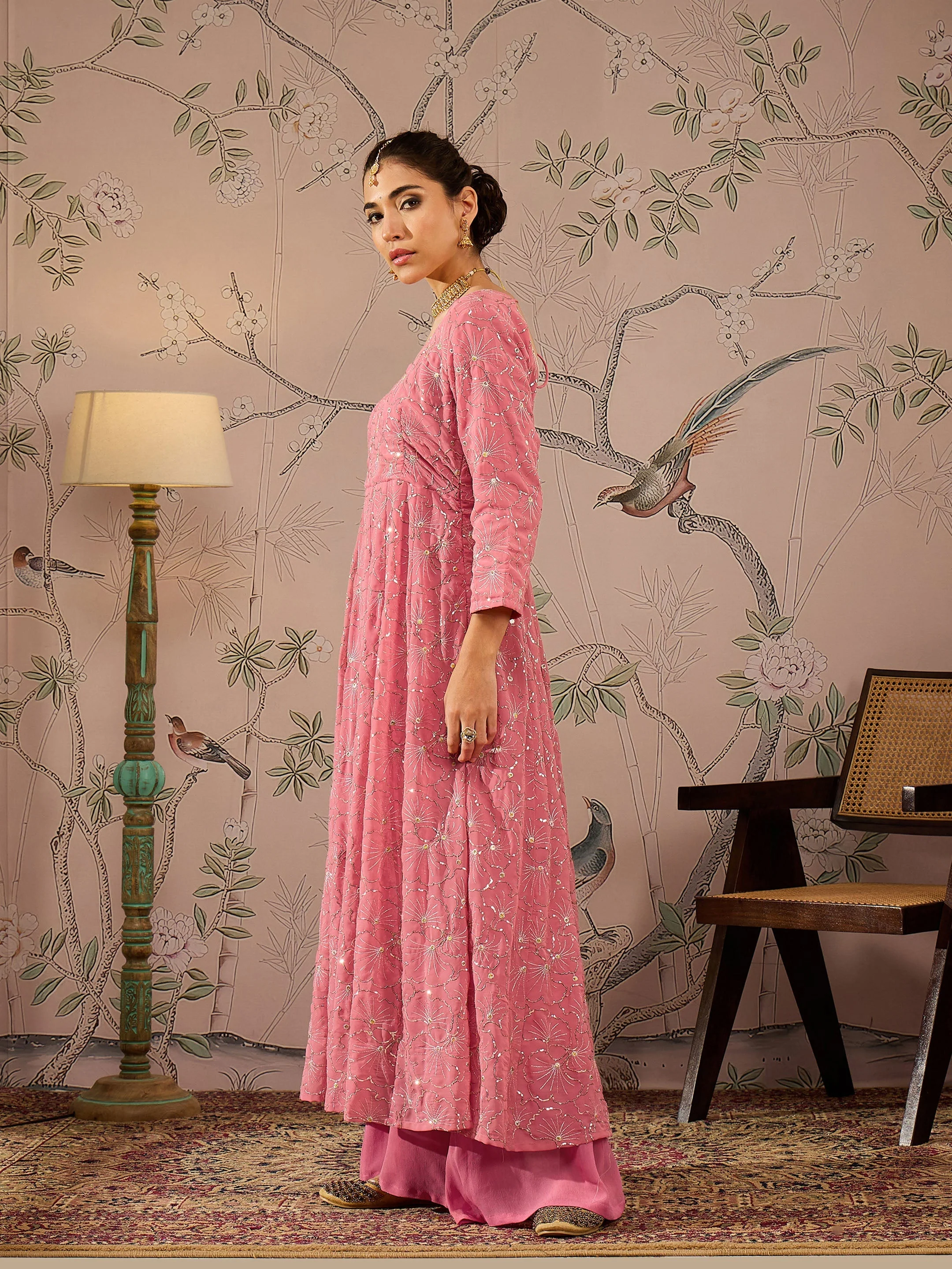 Women Pink Sequins Sweetheart Neck Anarkali Kurta - Image 3