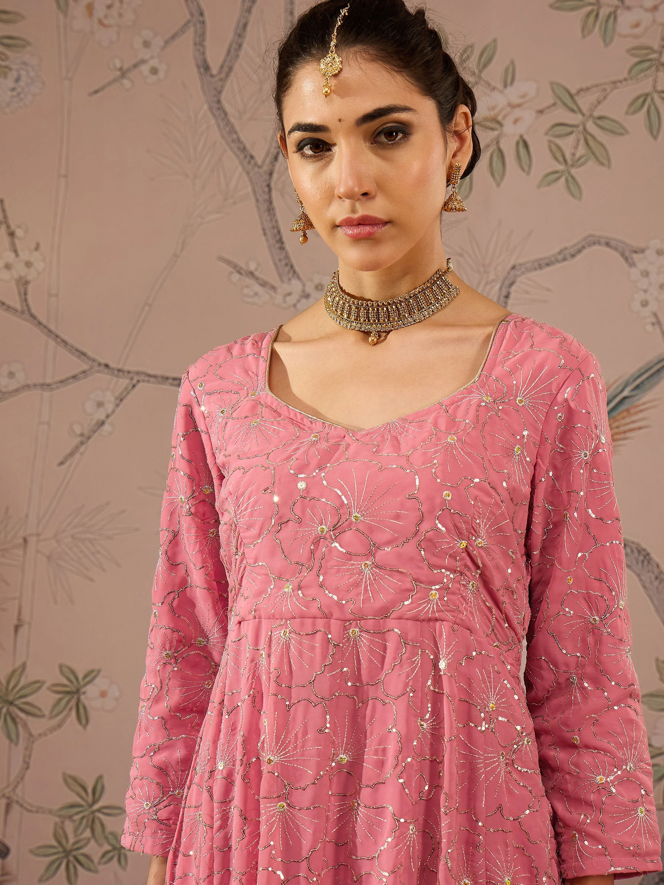 Women Pink Sequins Sweetheart Neck Anarkali Kurta - Image 4