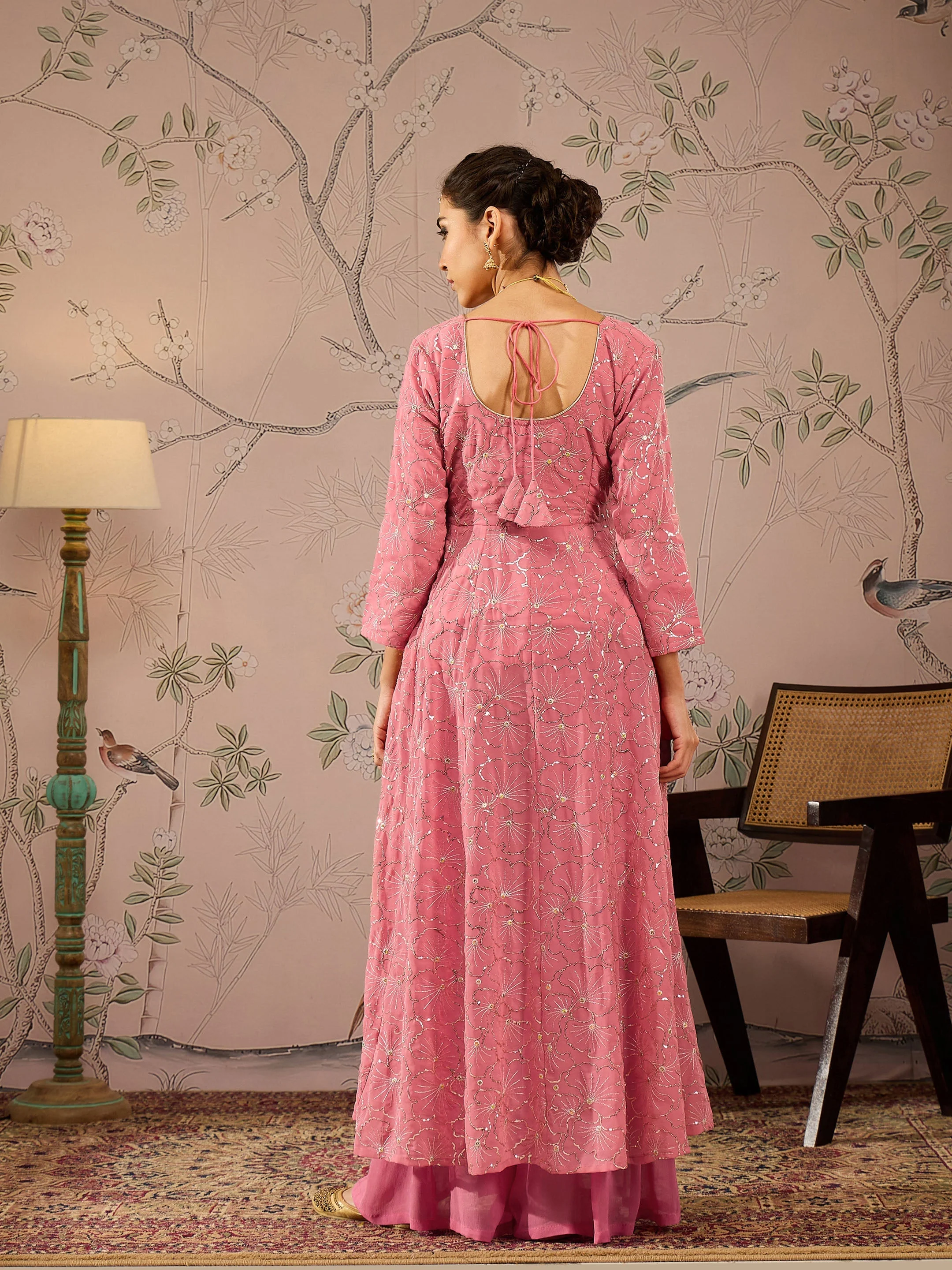Women Pink Sequins Sweetheart Neck Anarkali Kurta - Image 5