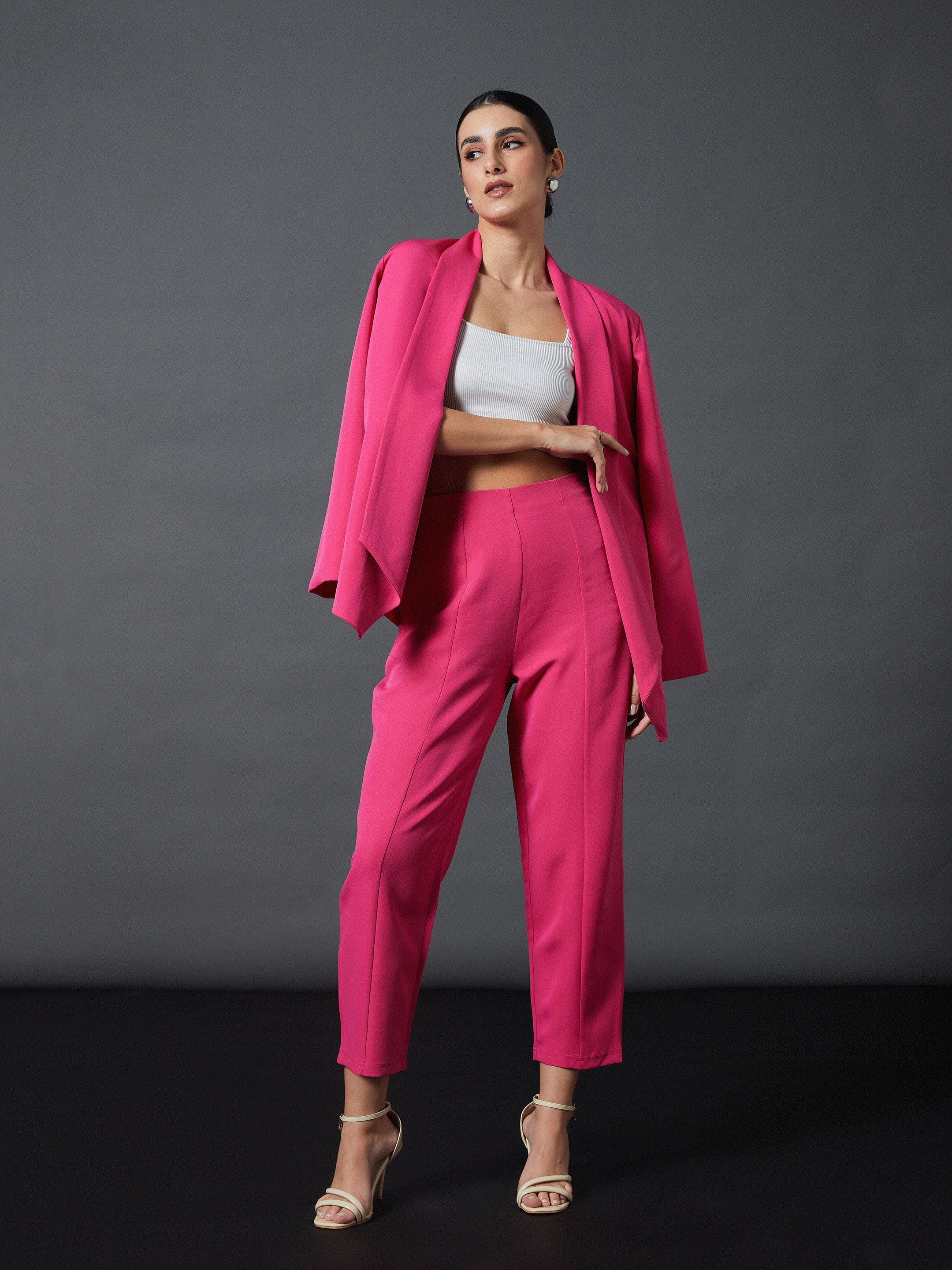 Women Pink Shawl Collar Blazer With Balloon Fit Pants - Image 2